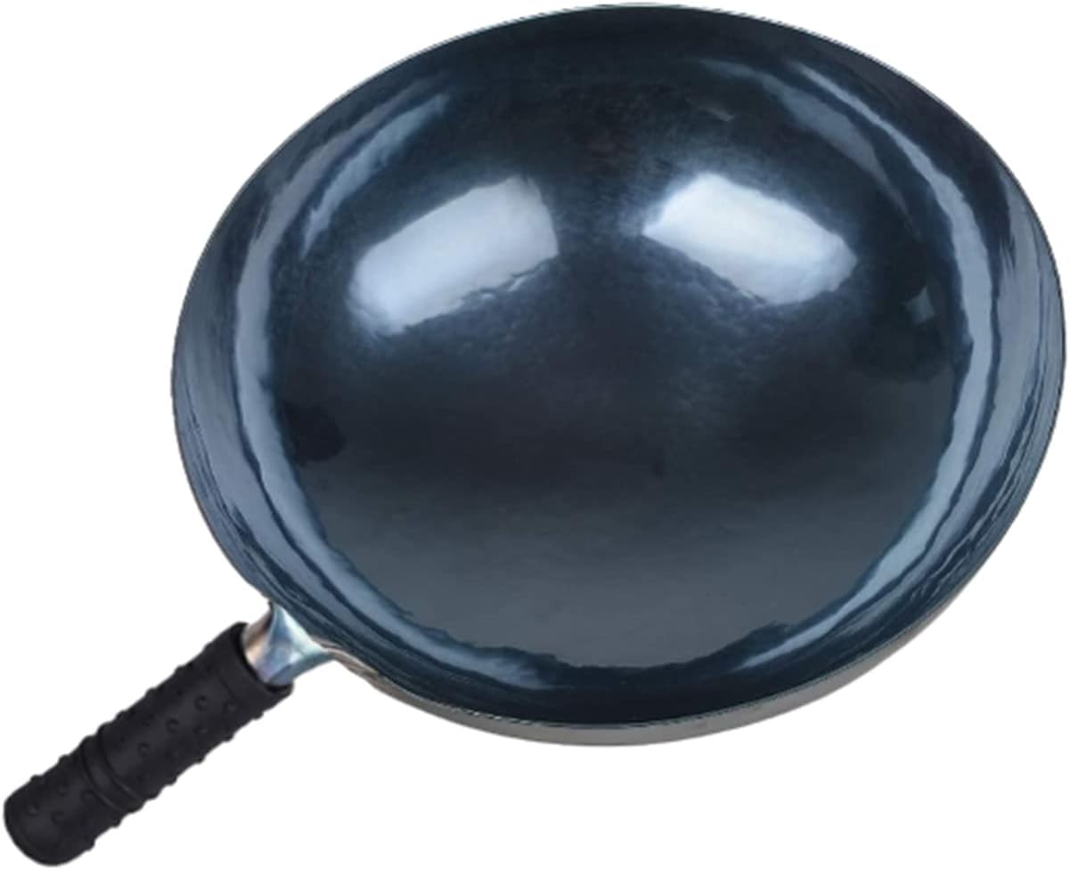 shuoguoleilei Chinese Hand Hammered Iron Woks Set, Non-stick No Coating Preseasoned Wok Blue Round Bottom Wok Pan For Electric, Induction and Gas Stoves (Blue Black-14)