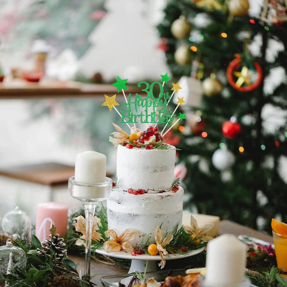 Glittery 30th Happy Birthday Cake Topper with Star,Personalised 30 Birthday Cake Toppers Party Decorations Party Supplies for Boys Girls Green Gold