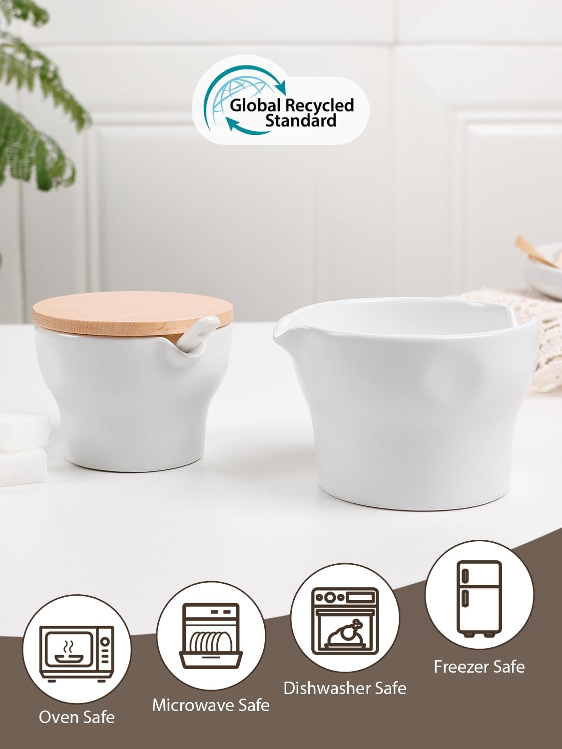 INGOFIN Ceramic Sugar and Creamer Set with Lid and Spoon, 3-Piece Porcelain Creamer Pitcher Milk Jug and Sugar Bowl for Coffee Bar, Tea Time, Kitchen Serving,3.5oz & 6oz, Dishwasher Safe, Modern White