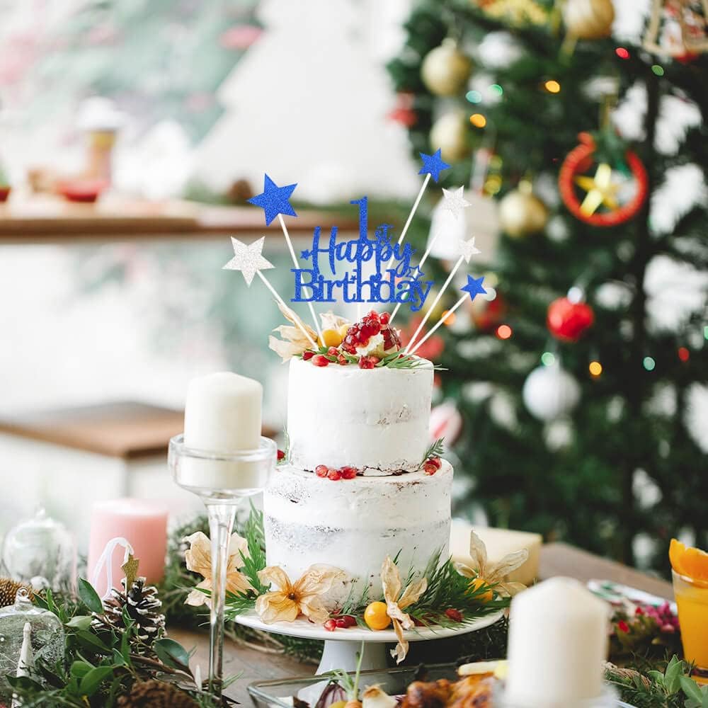 Glittery 1st Happy Birthday Cake Topper with Star,Personalised 1 Birthday Cake Toppers Party Decorations Party Supplies for Baby Boys Girls Blue