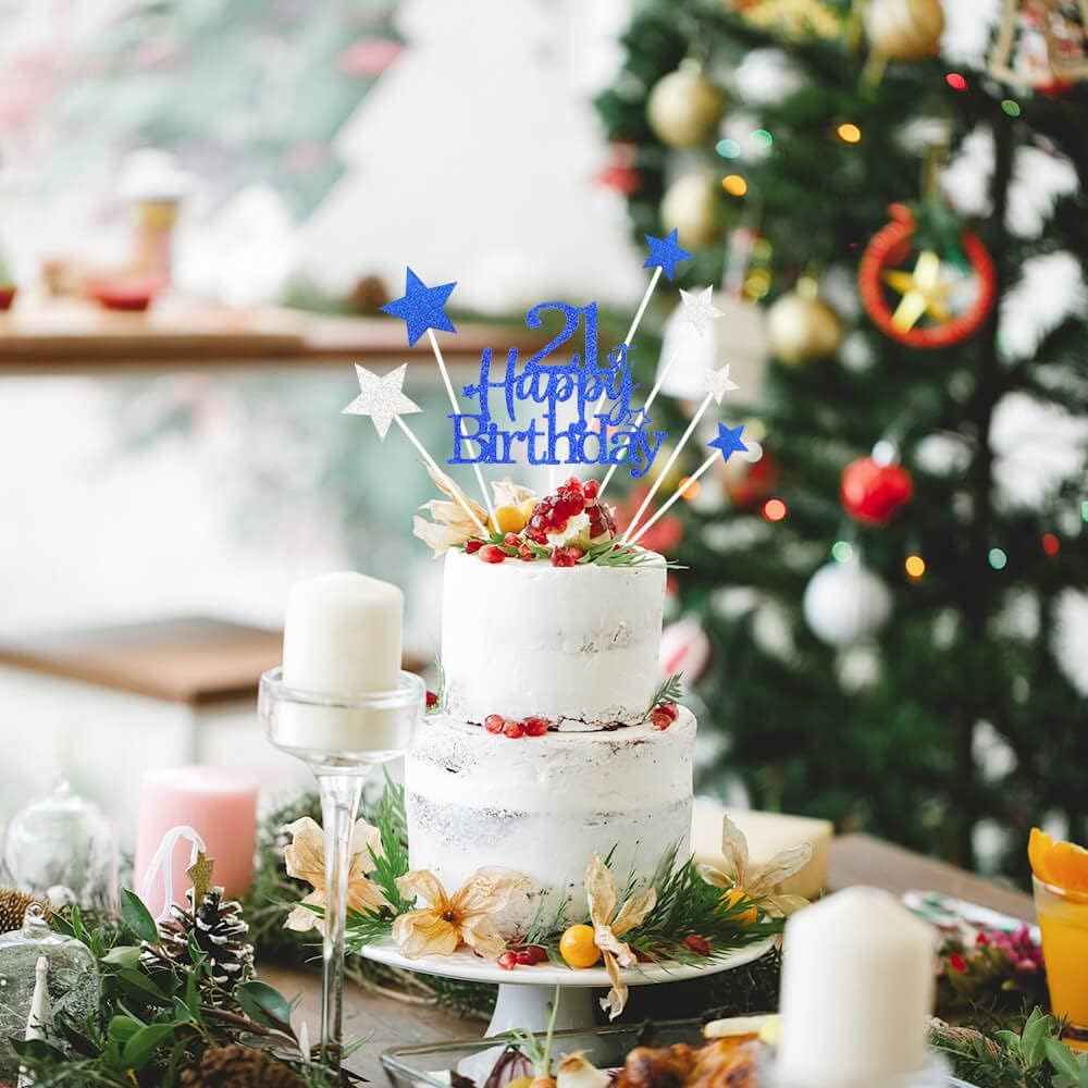 Glittery 21st Happy Birthday Cake Topper with Star,Personalised 21 Birthday Cake Toppers Party Decorations Party Supplies for Boys Girls Blue