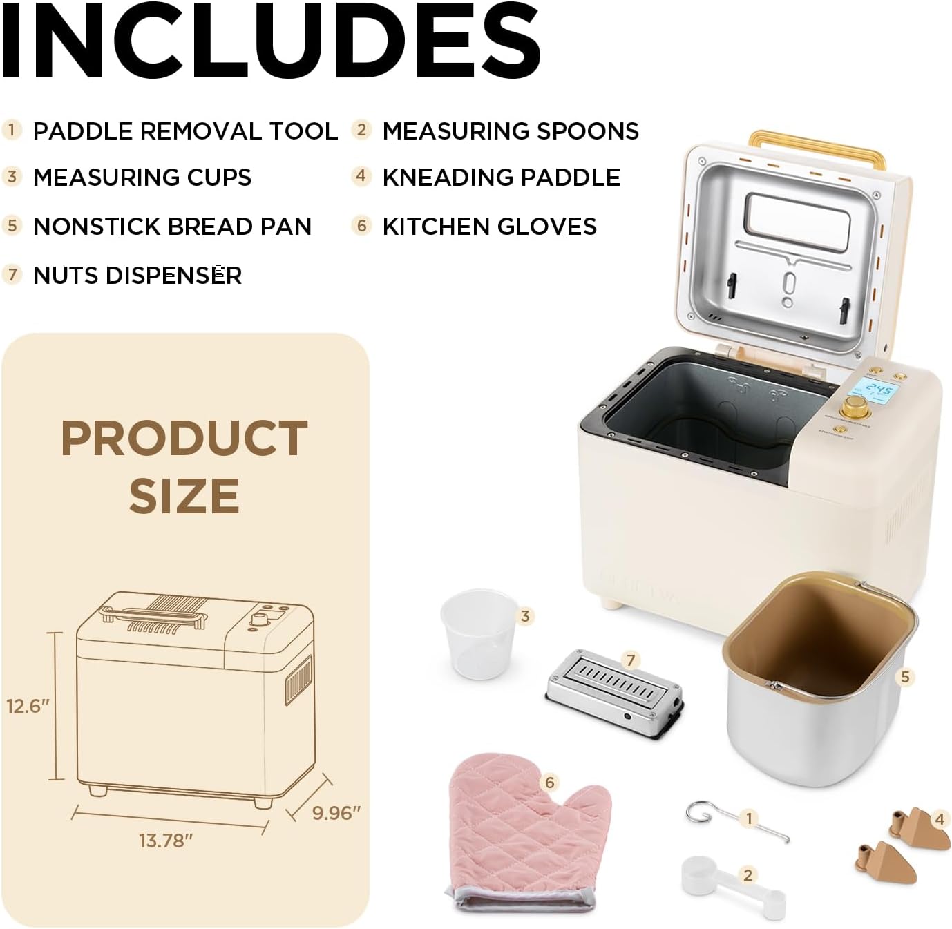 Neretva Bread Machine, 2.2LB 15-in-1 Bread Maker, Dual Heater Breadmaker Machine with Auto Nut Dispenser & Nonstick Ceramic Pan, Bread Maker Machine for Gluten Free, Dough Maker, Sourdough, Yogurt