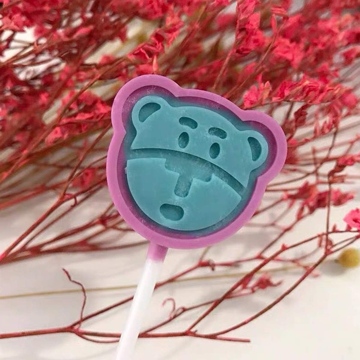 12 Capacity Silicone Bear Lollipop Mold Set, Sucker Molds and Chocolate Hard Candy Mold with 50pcs Lollipop Sucker Sticks, Candy Treat Bags, Gold Ties. (Bear)