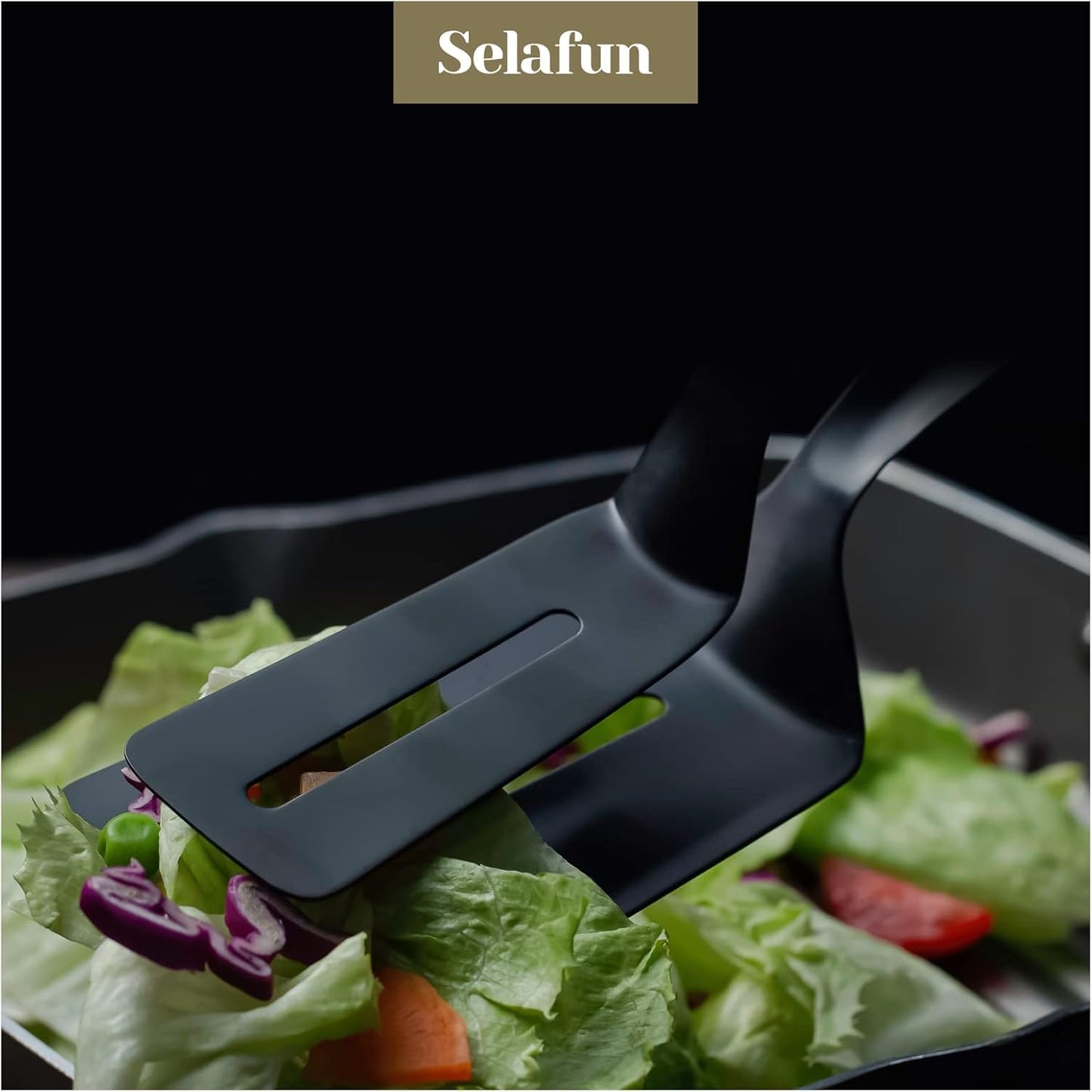 Kitchen Tongs Steak Clamp Bread Tongs 10 inch Double Spatula Tongs Clip Pizza Clamp Stainless Slotted Multi-Function Food Flipping for Bread Eggs BBQ Hamburgers Patties Pancakes (1, Matte Black)