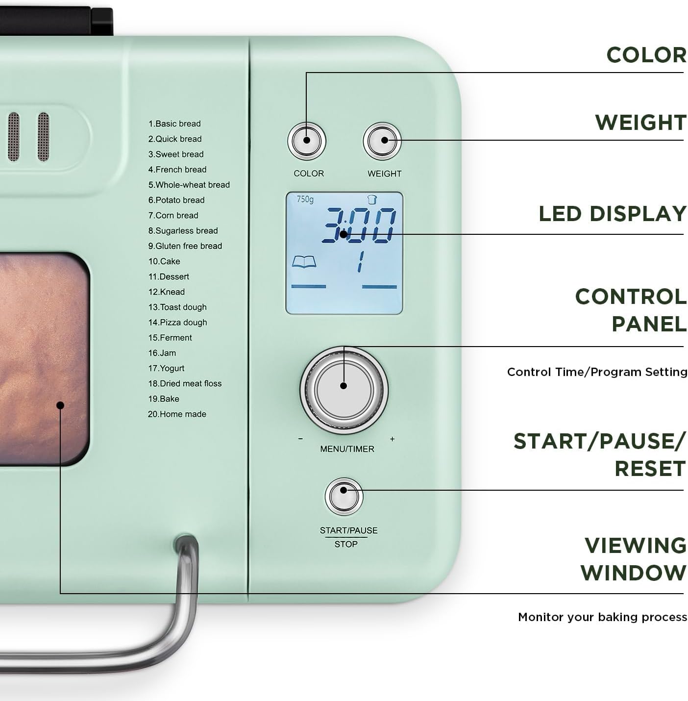 Neretva 20-IN-1 Bread Maker, Dual Heater 2LB Bread Machine Stainless Steel Bread Maker Machine Nonstick Ceramic Pan Compact for Gluten Free/Sourdough/Whole Wheat Bread/Yogurt, Breadmaker-Light Green