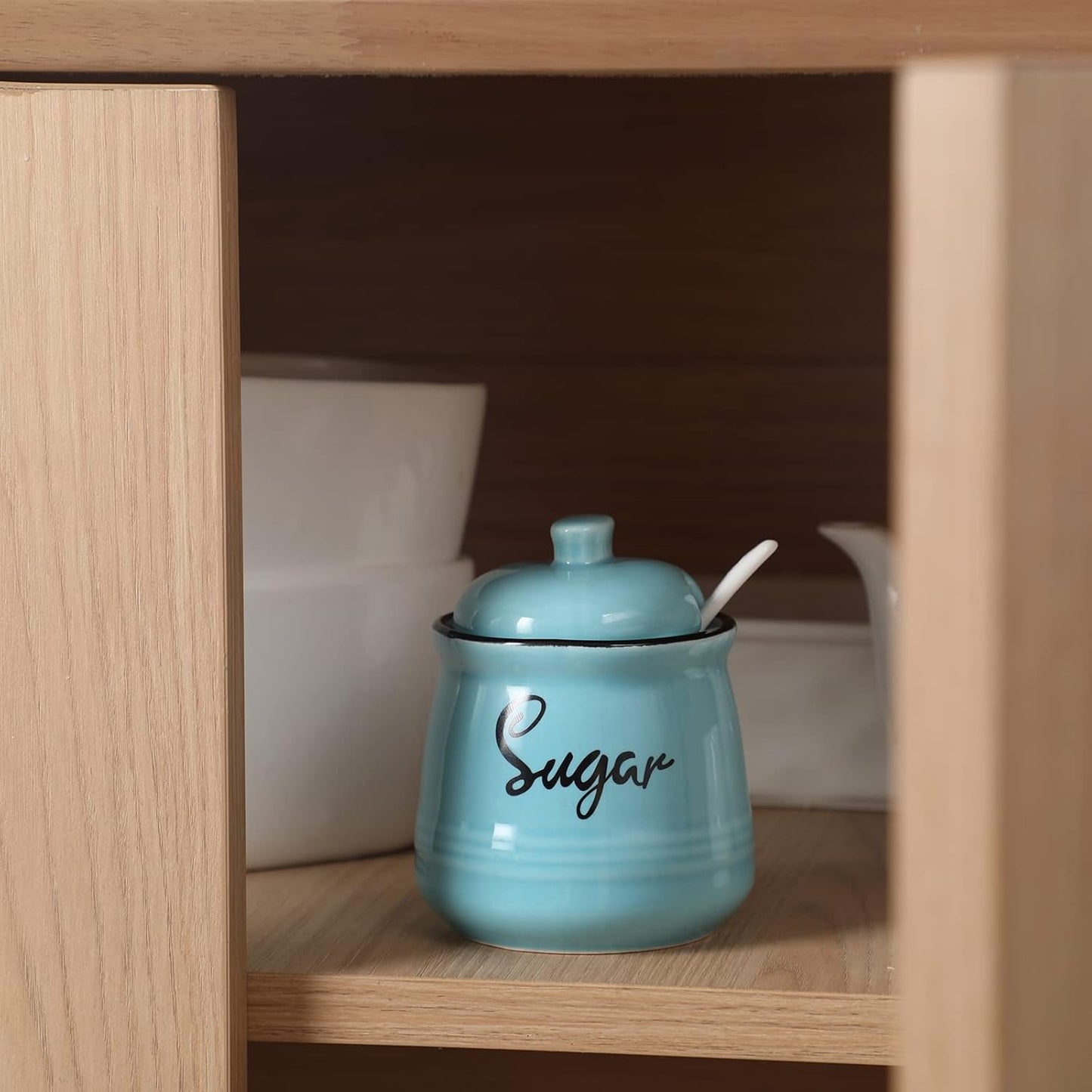 HAOTOP Farmhouse Porcelain Sugar Bowl with Lid and Spoon 12oz,Easy to Clean (Turquoise)