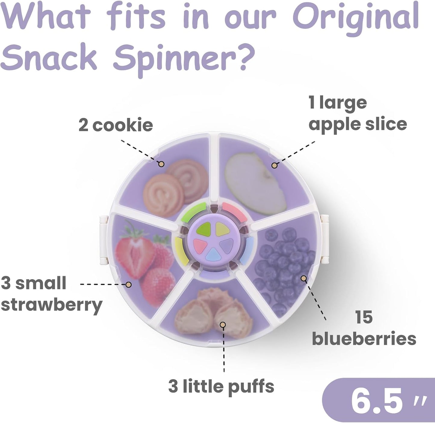 Kids Snack Spinner – Reusable Snack Container with 5 Compartments & Lid, BPA/PVC-Free, Dishwasher Safe, Perfect for Travel, School Lunches & On-the-Go Snacking, Purple