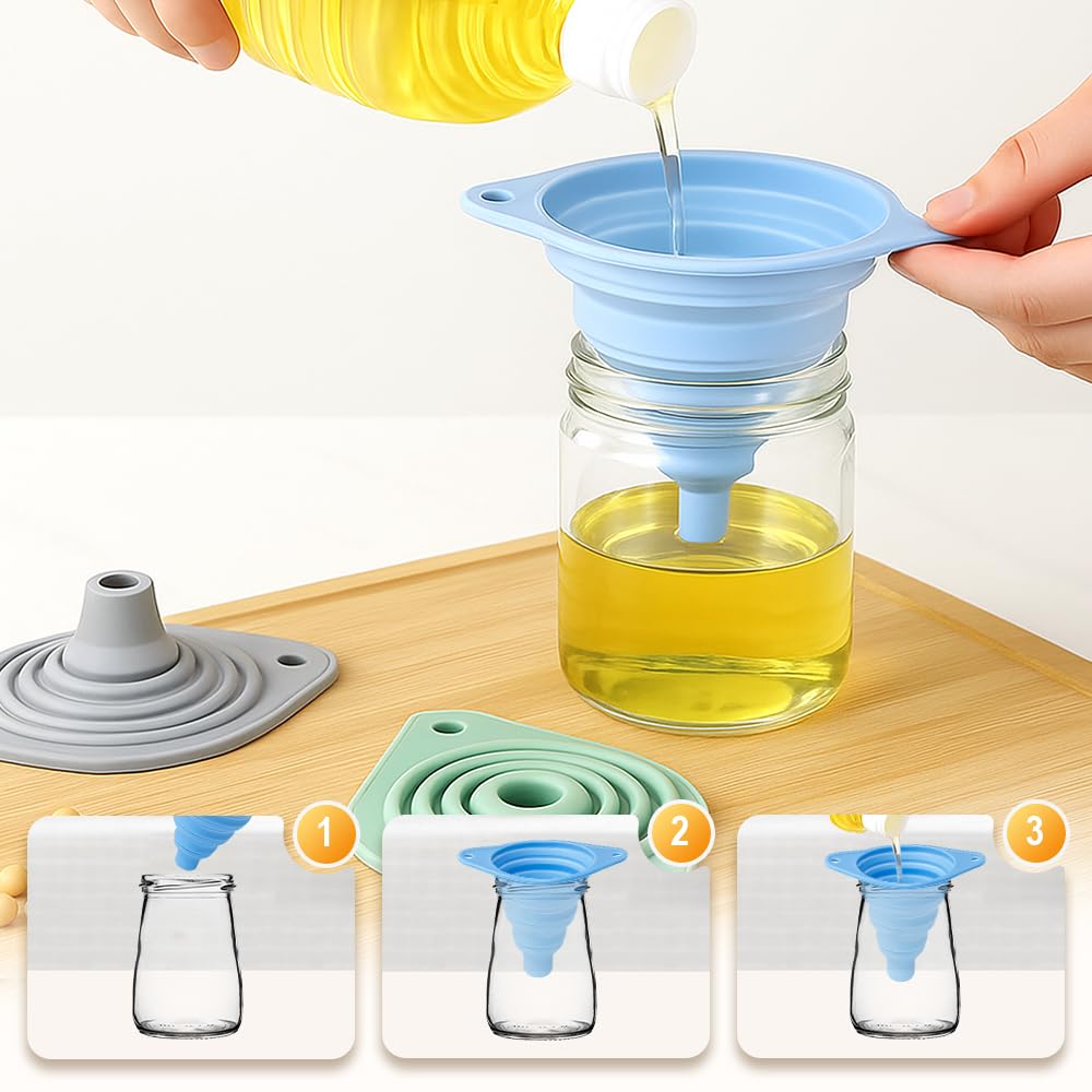 Kitchen Funnel Set, Silicone Collapsible Funnels for Kitchen Use Filling Bottles, Mini Funnels for Filling Small and Regular Water Bottles, Easy Pouring Tools for Kitchen Use and Refilling Bottles
