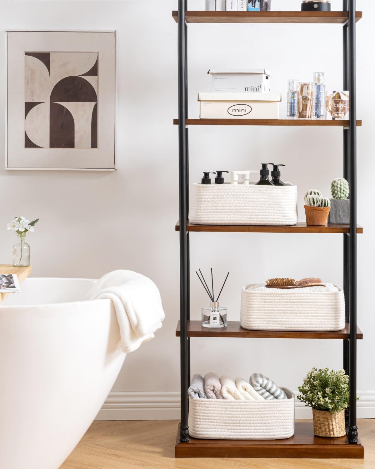 Small Woven Basket, 13.5 x 9.5 x 5 Inches, Storage Basket for Organizing, Cute Small Rope Shelf Closet Cube Storage Bins Baskets for Shelves, Dog Toy Gift Baskets Empty, 3 Packs, Off White