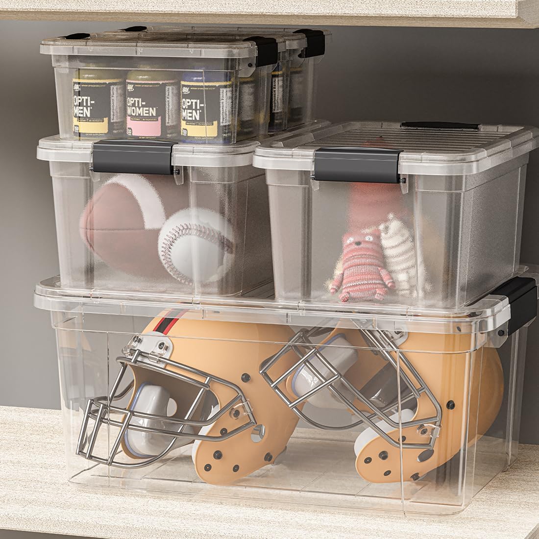 Superio Clear Storage Boxes with Lids, 2 Quart Plastic Container Bins for Organizing, Stackable Crates, BPA Free, Non Toxic, Odor Free, Organizers for Home, Office and Dorm, 4 Pack