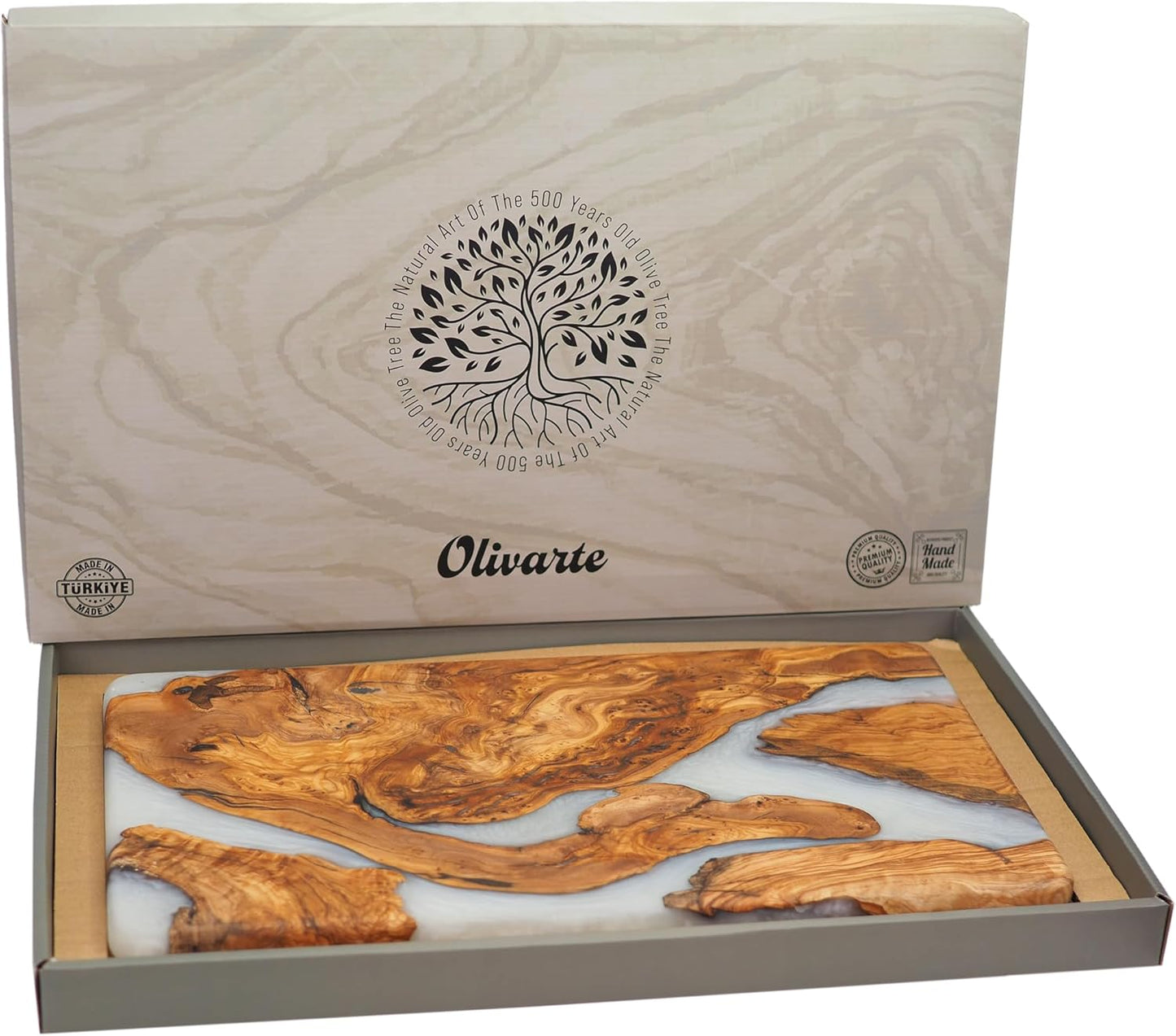 Handmade Charcuterie & Cutting Board - Decorative, Olive Wood Boards for Serving Cheese, Fruit, Meat - Ideal Kitchen, Unique Housewarming Gift - White Resin