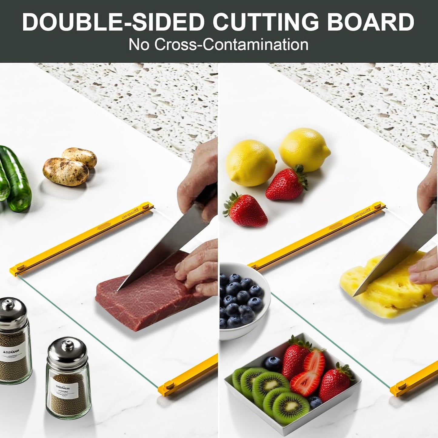 Glass Cutting Board with Silicone Grip, 80% Stronger Shatter Resistance and Slip Resistance,No Scratches/Microplastic-Free,Dishwasher Safe, Non Toxic Cutting Board for Kitchen (Yellow-12*8"&16*12")