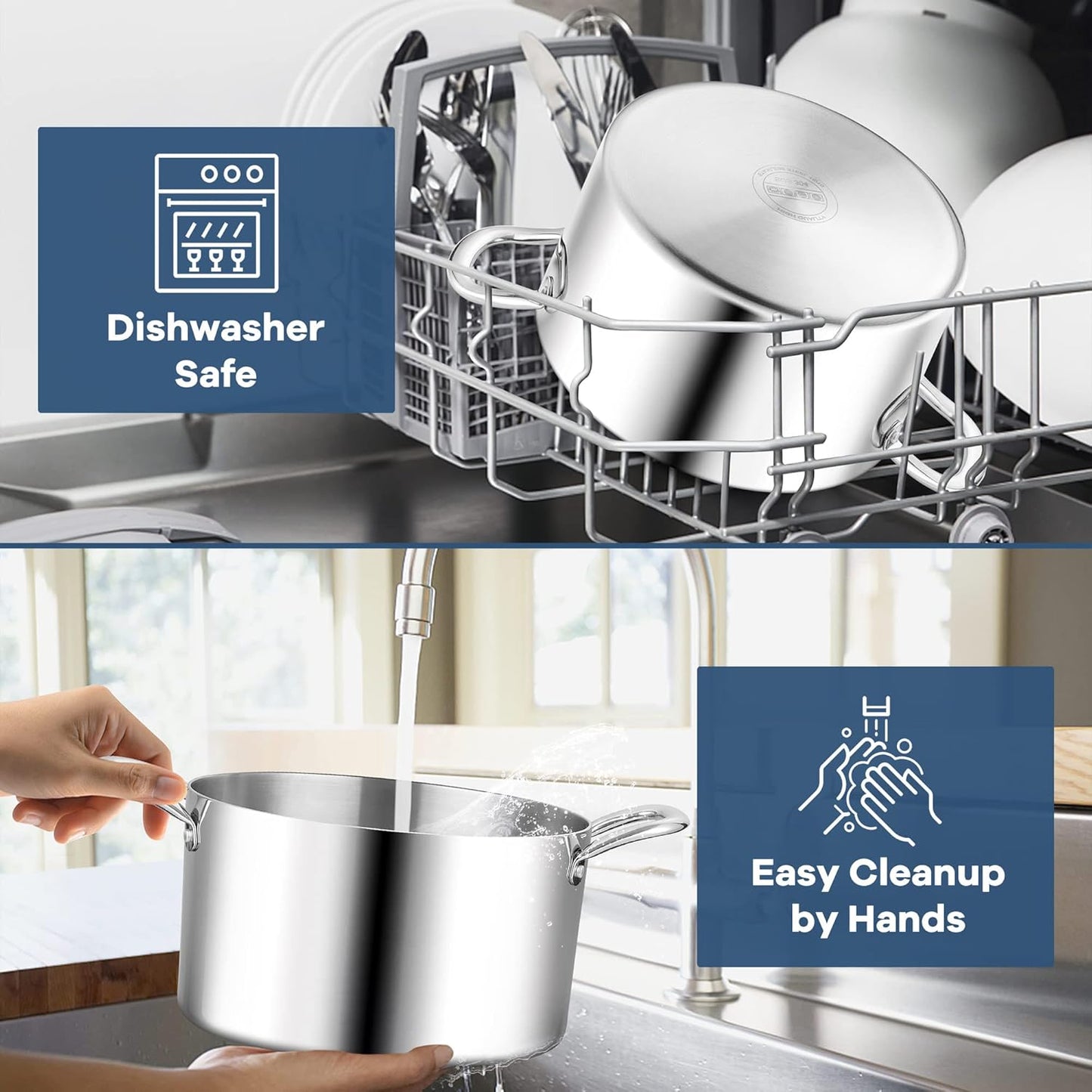 TeamFar 3.5 Quart Stock Pot, Tri-Ply Stainless Steel Pasta Cooking Pot with Lid, Tempered Glass Lid & Double Side Riveted Handles, Non-Toxic & Healthy, Heavy Duty & Dishwasher Safe