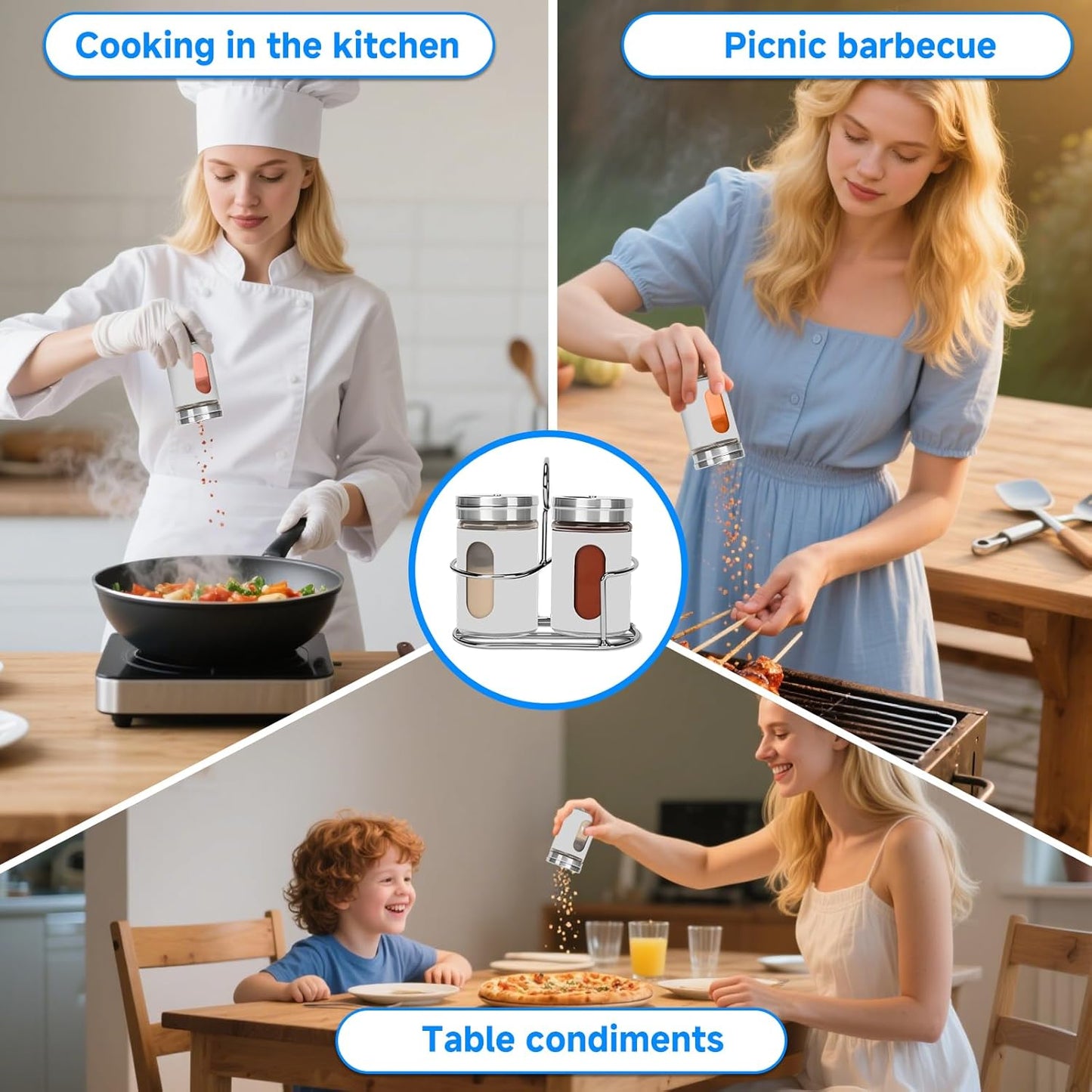 Glass Salt and Pepper Shaker Set with Seasoning Rack, Spice Rack, Adjustable Pour Hole Stainless Steel Lid, 2.8 oz, Spice Dispenser for Salt, Pepper, Spice Preservation (white)