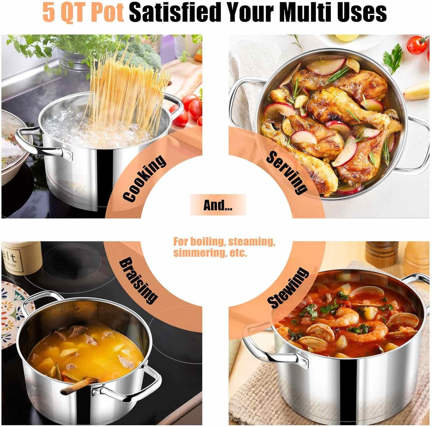 P&P CHEF 5 Quarts Cooking Stock Pot with Lid, Stainless Steel Stockpot Induction Pot for Soup, Tri-Ply Bottom & Clear Glass Lid & Double Handle, Dishwasher Safe