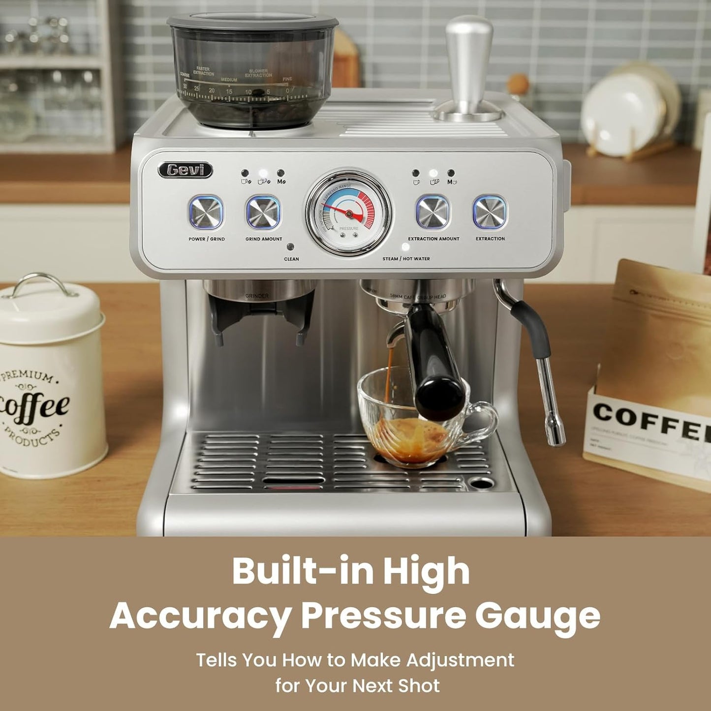 Gevi [2024 Upgraded Dual Boiler Espresso Machine EzBru 2000 | 58mm Grouphead | Barista Level Steam Wand | Built-in Grinder With 31 Size Settings | Full Stainless Steel Housing | Sterling Silver