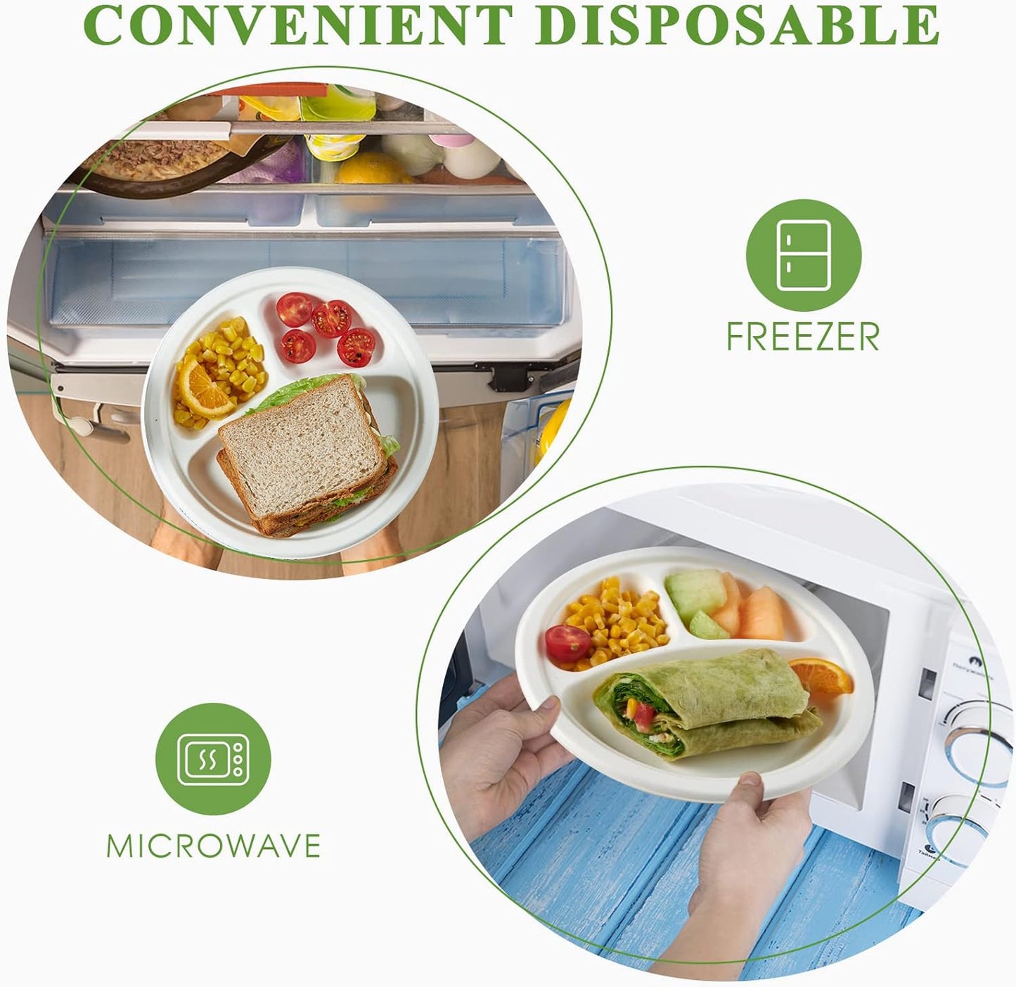 Vplus 100% Compostable Paper Plates, 150 Pack 9 Inch 3 Compartment Plates Disposable, Heavy Duty Biodegradable Plates Made of Sugar Cane Fibers, for Daily meals, Dinner, Parties, BBQ