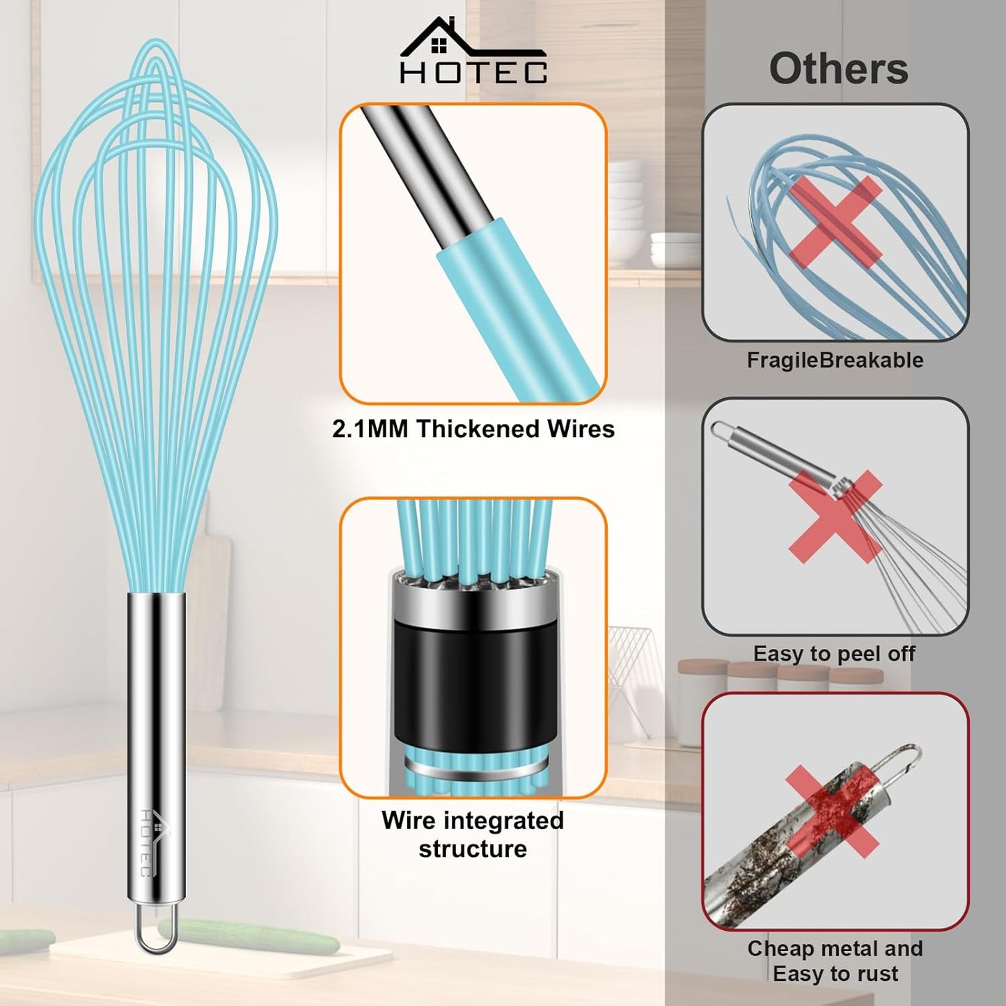 HOTEC 4 Pieces Silicone Whisks Set, Wire Balloon Whisks Egg Beater, Non-slip Handle Whisk for Non-stick Cookware Perfect for Cooking, Stirring, Beating and Blending (Blue)