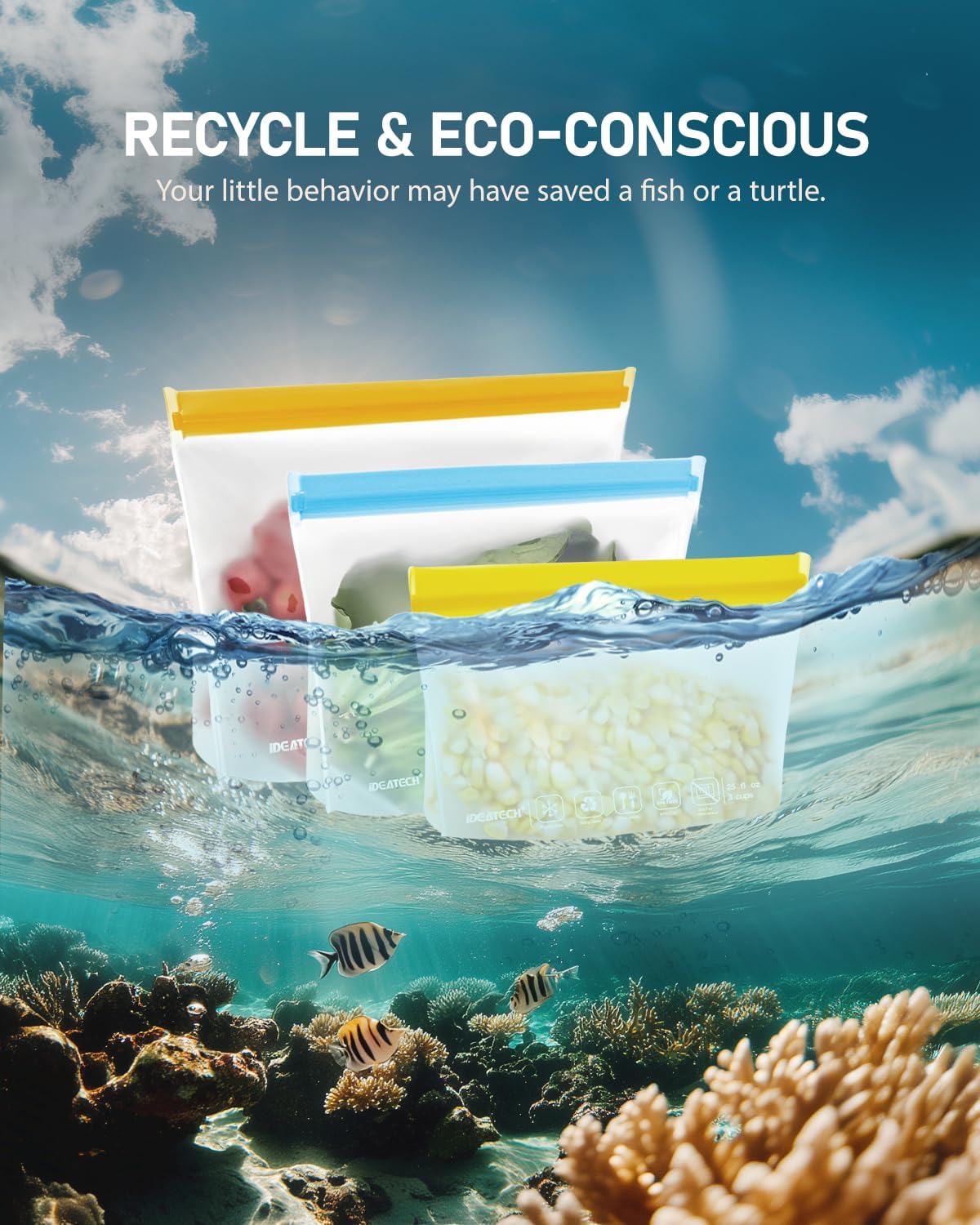 IDEATECH 8Pack Gallon Bags Dishwasher Safe, Leakproof Reusable Gallon Freezer Bags, BPA Free Reusable Gallon Bags, Reusable Food Storage Bags Silicone for Meats, Sandwich, Travel (8Gallon, Colored)