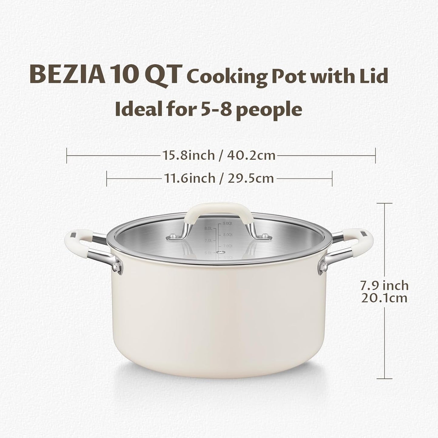 10 Quart Pot with Lid, BEZIA Tri-Ply Stainless Steel Stock Pots, Large Cooking Pots with Silicone Handle, Soup Pot for Induction Cooktop, Compatible with All Cooktops, Dishwasher Safe