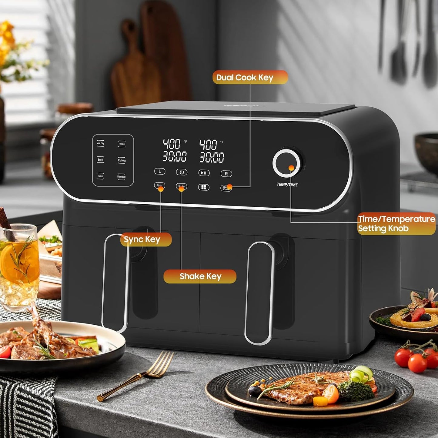iceagle Dual Air Fryer 11 Quart - 6-in1 Airfryer with 2 Frying Baskets, Precise-control Knob | Sync & Dual Cook Functions to Ary Fry, Roast, Broil, Reheat and Dehydrate for Easy and Crispy Meals