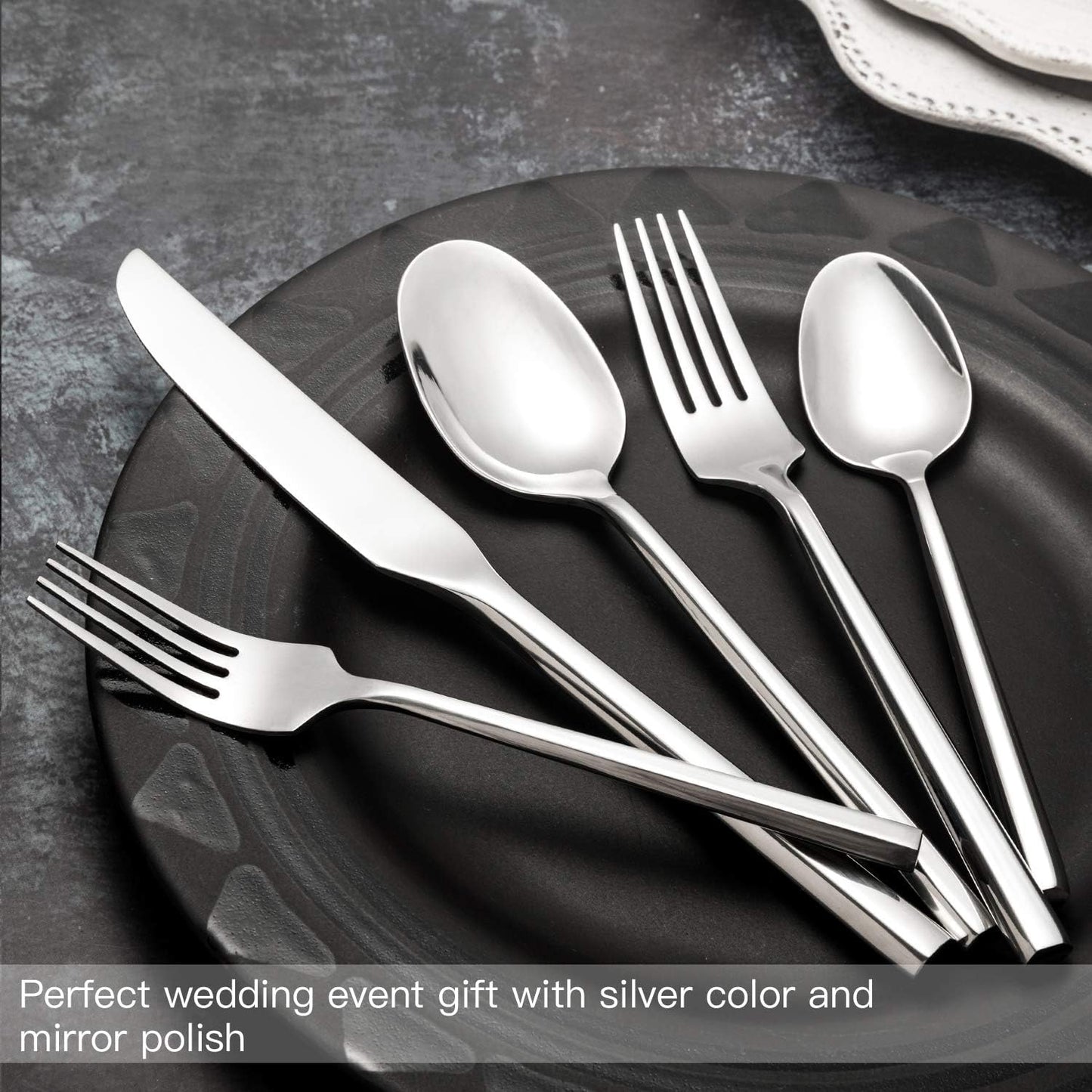 Hand Forged Stainless Steel Flatware Set Silverware Set Cutlery Set Hexagon Handle 5 Pieces Service for 1