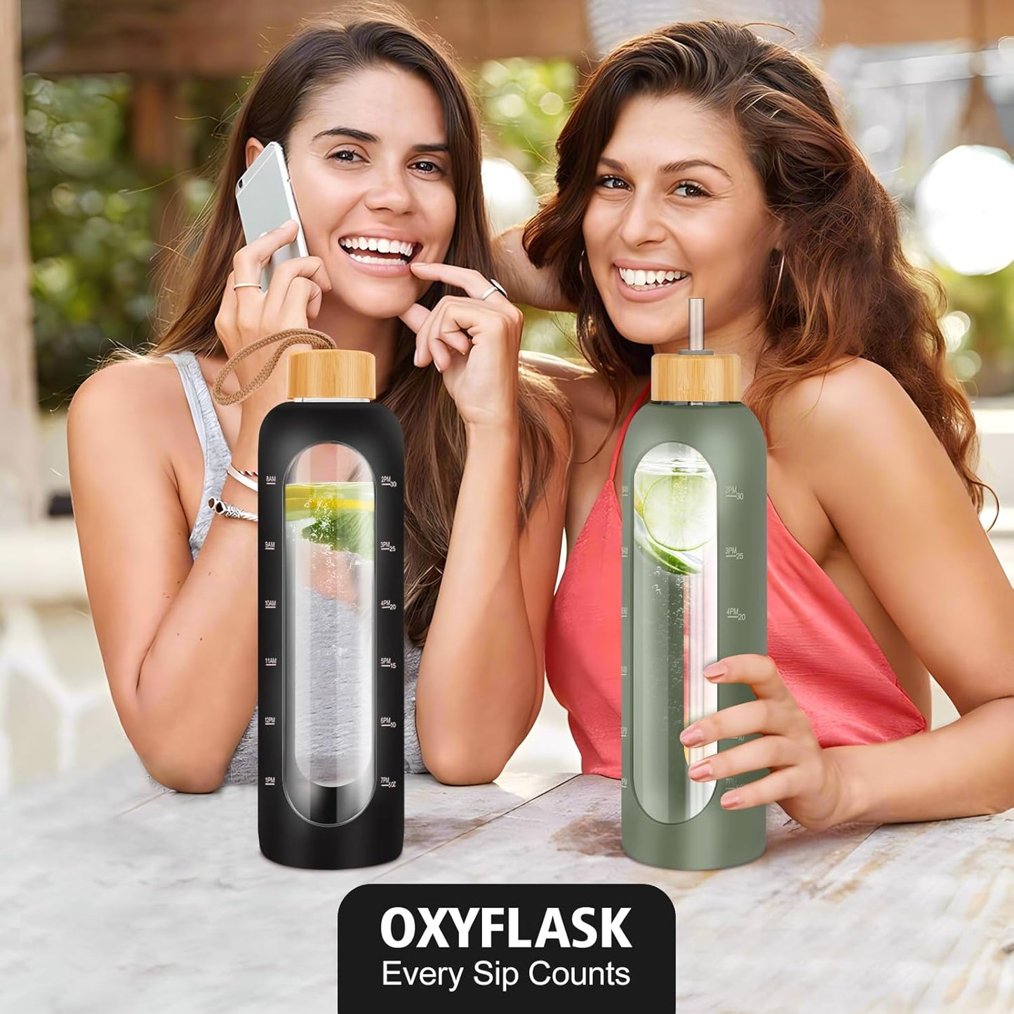 Glass Water Bottles 32 oz - Motivational Drinking Glass Water Bottle with Silicone Sleeve, Straw & 2 Bamboo Lids - 1 Liter Clear Borosilicate Daily Intake Tumbler with Time Marker - Jet Black