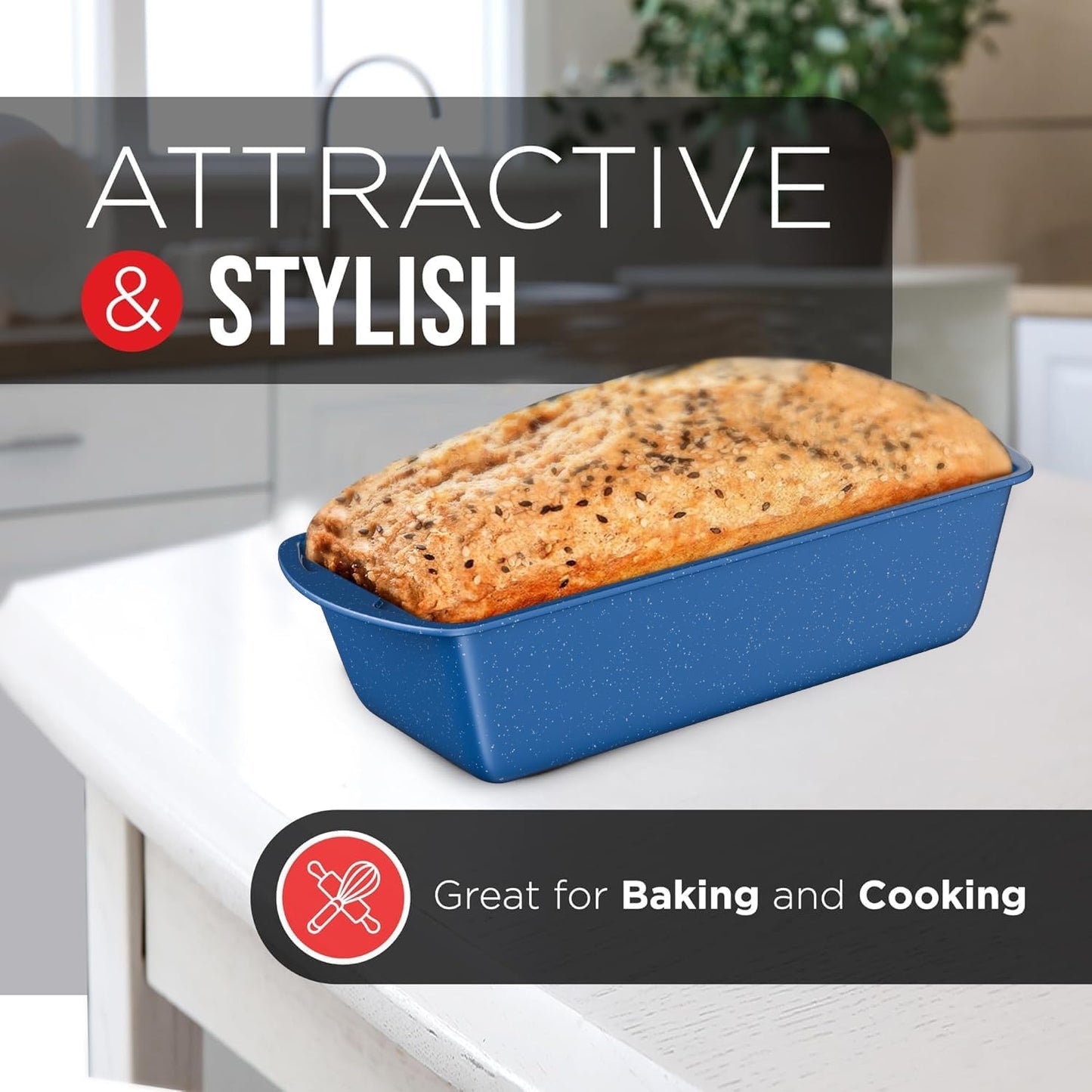 Nonstick Loaf Pan Set Pack of 1, Carbon Steel 11" Large Baking Bread Pan, Oven Safe Up to 450°F, PFOA, PFOS, PTFE Free, Space Saving Stackable Design, Stain Resistant, Dishwasher Friendly, Blue Marble