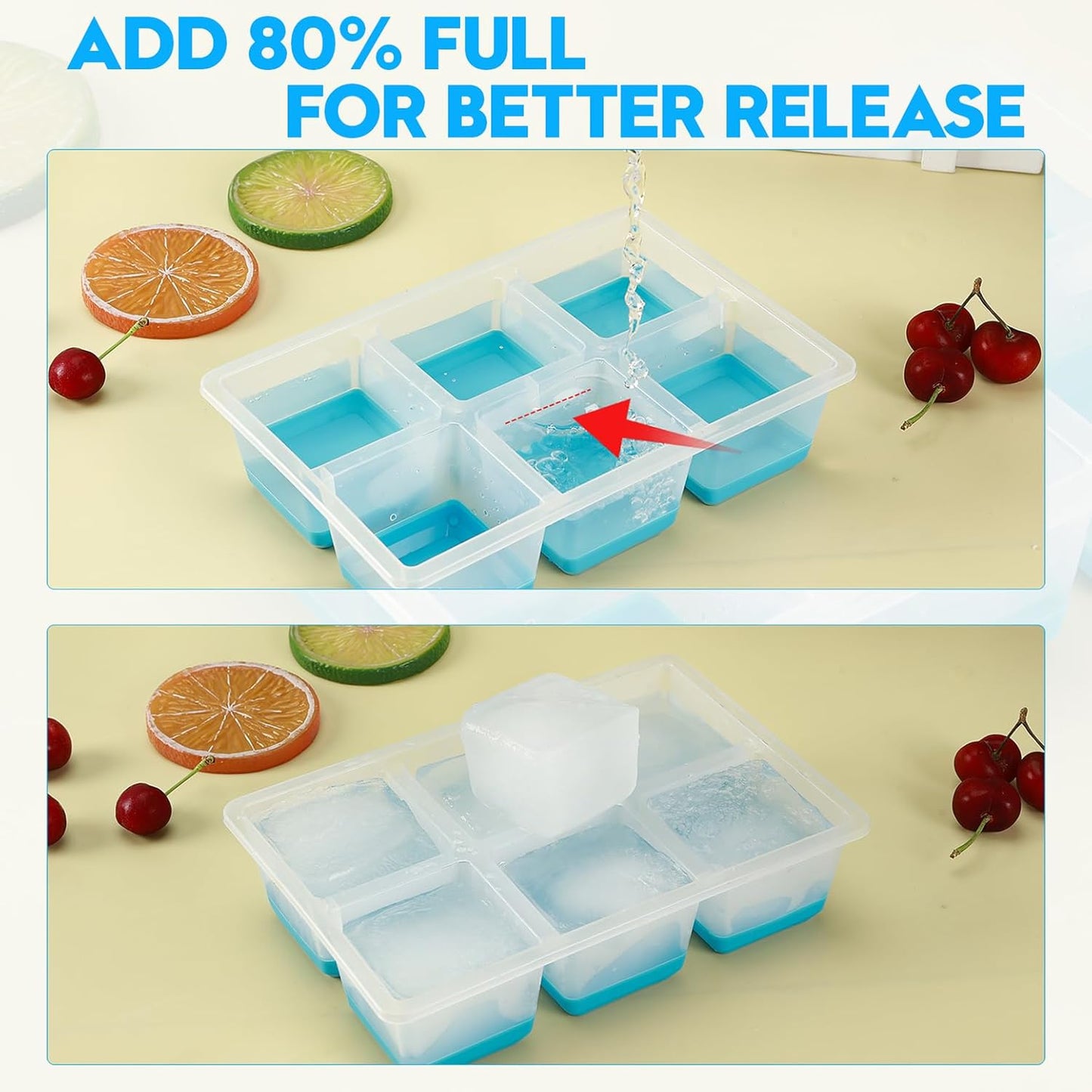 Ice Cube Trays 2 Pack, JRISBO Large Silicone Ice Cube Molds with Leak-Proof Lid, Transparent TPE Frame & Easy Release Bottom, Stackable Freezer Ice Trays for Whiskey, Cocktails, Soup, BPA Free