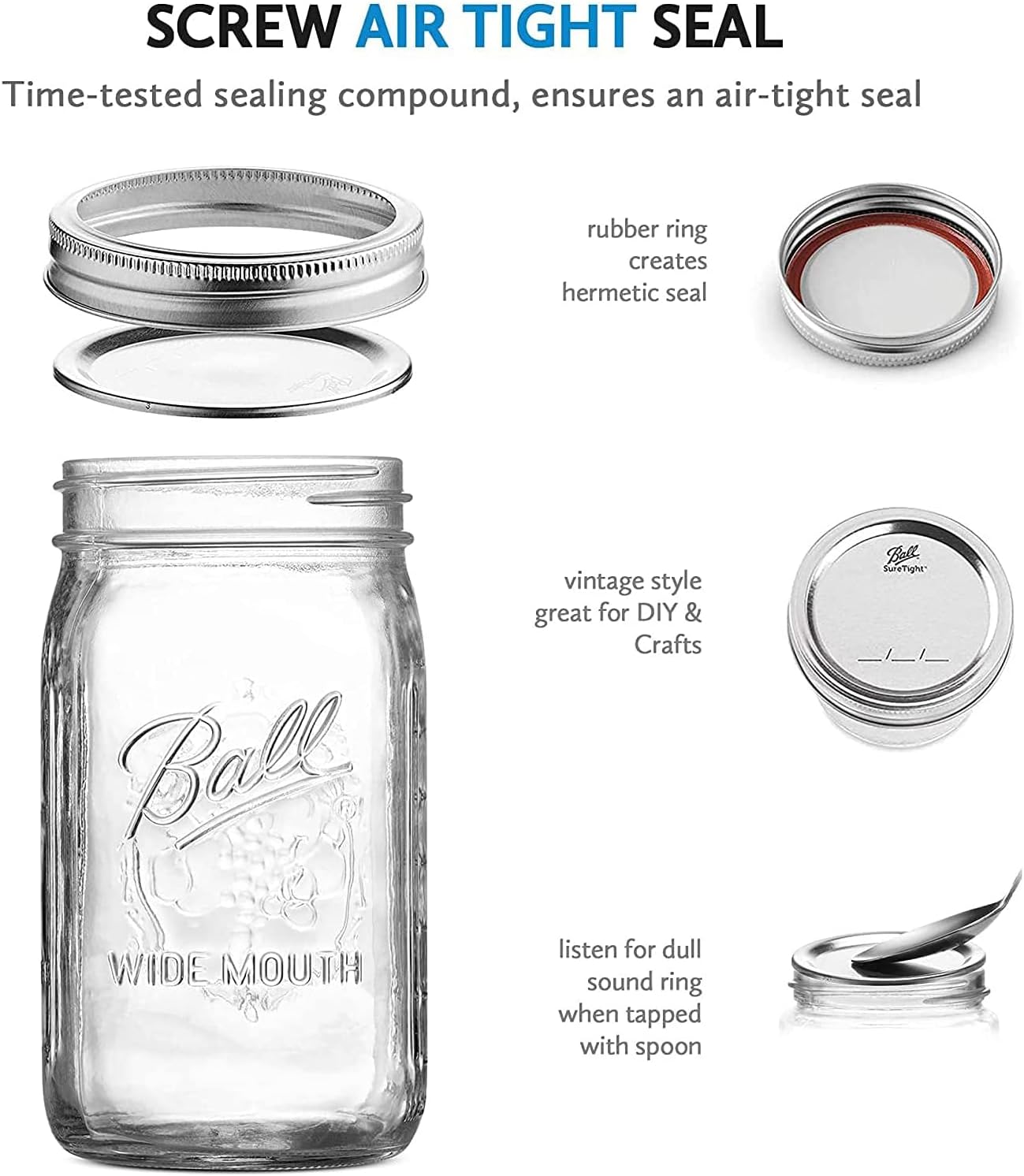 Ball Wide Mouth Glass Mason Jars with Lids and Bands, Used for Canning, Pickling, Juice, Jam, Jelly, Quart Size 32 Ounce (Pack of 6)