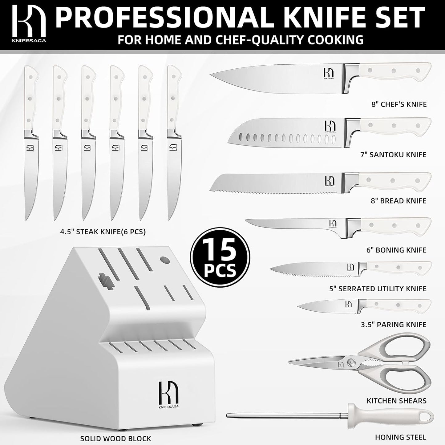 Kitchen Knife Block Set, 15-Piece Enduring Ultra Sharp Knife Set, Japanese High Carbon Stainless Steel, Premium Forged Knives for Kitchen and Professional Chefs, White
