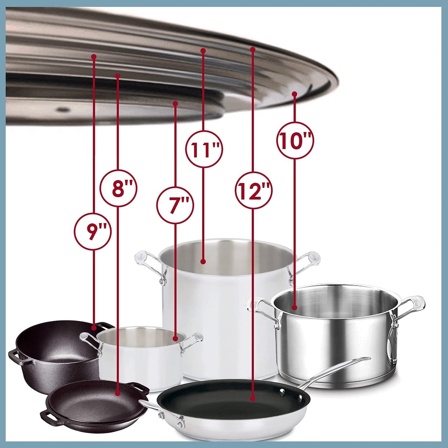 Stainless Steel Universal Lid for Pots, Pans and Skillets - Fits 7" to 12" Pot and Pans - Tempered Glass with Stainless Steel Rim Replacement Frying Pan Cover and Cast Iron Skillet Lid