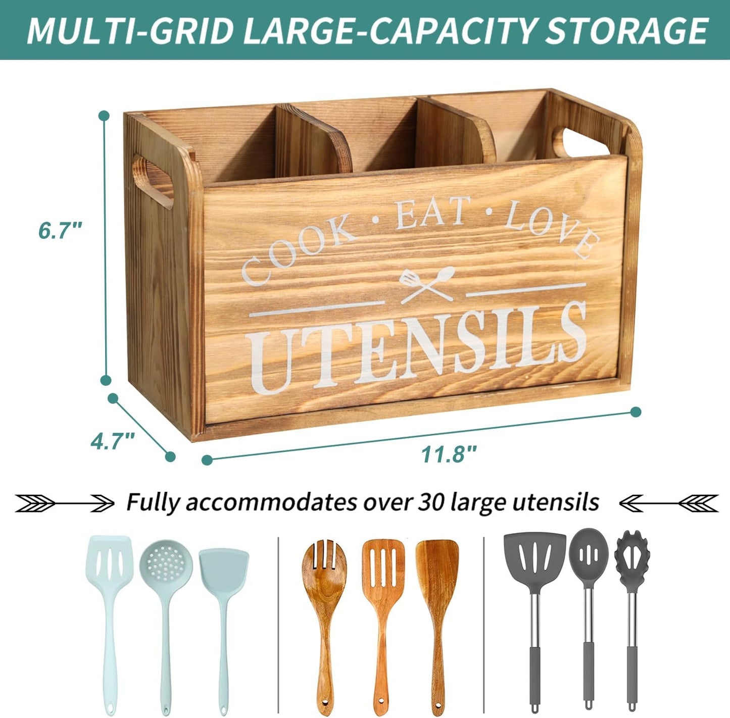 Kitchen Utensil Holder for Countertop, Large Solid Wood Farmhouse Cooking Utensils Organizer for Kitchen Counter, 3 Compartments Utensil Spoon Holder Kitchen Tool Storage for Home Decor (Burned wood)