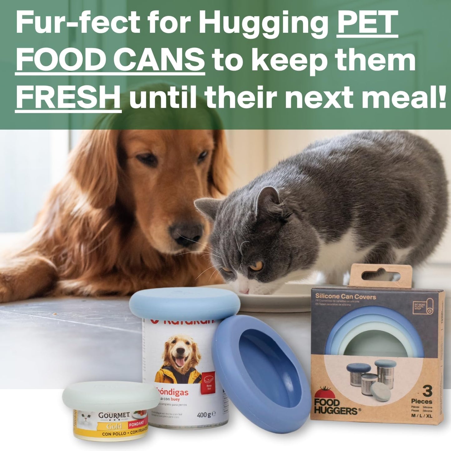 Food Huggers 3 Can Covers | Reusable Can Lids Snugly Seal Cans and Jars | 100% Food Grade Durable Silicone | Plastic Free (Blue)