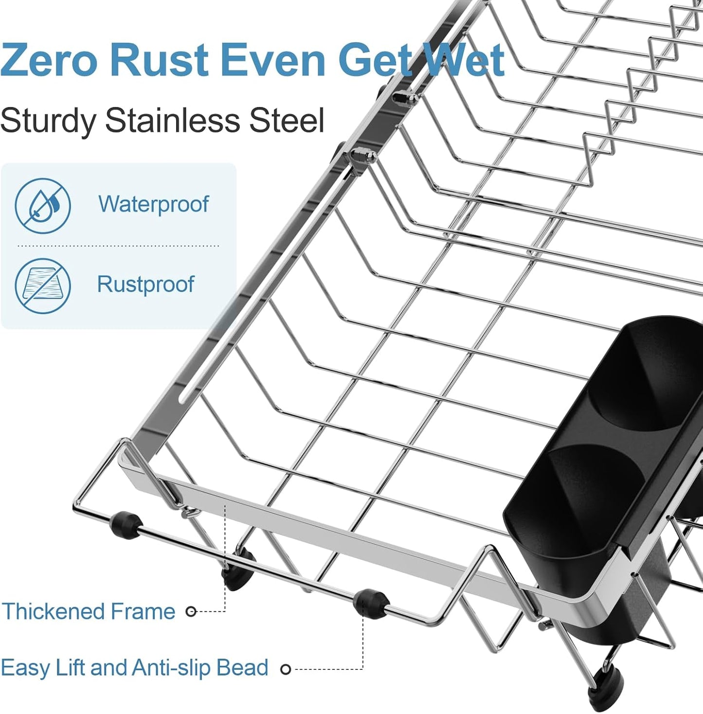 GSlife Stainless Steel Dish Drying Rack - Capacity Expandable in Sink Dish Drainer with Silicone Mat, Over Sink Dish Rack with Utensil Holder for Kitchen Counter, 10.8"-17.9" L x 12.8" W, Silver