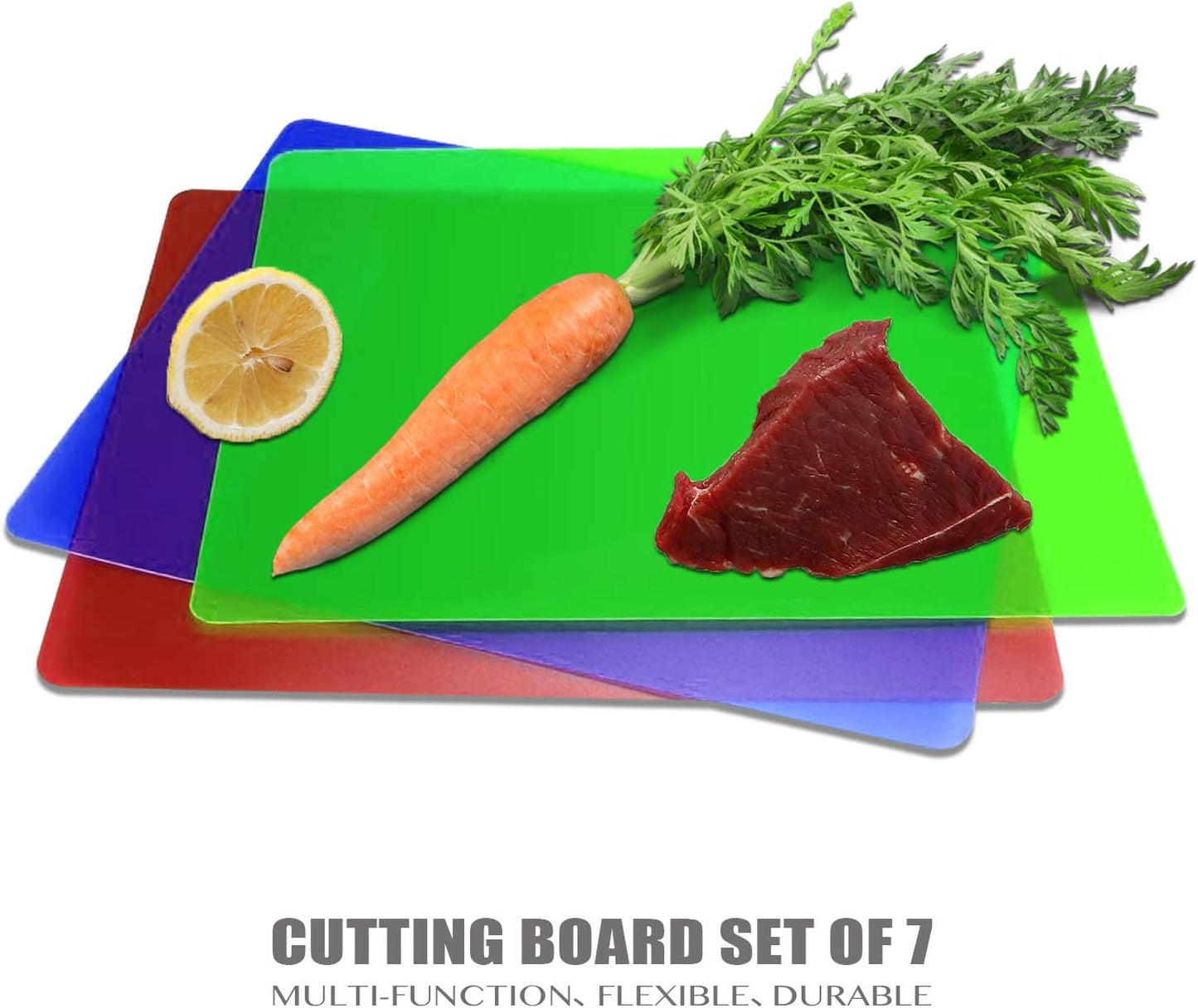 Fotouzy Plastic Cutting Boards for Kitchen, Flexible Cutting Mats Set of 7, BPA-Free, Non-Porous, Dishwasher Safe, 15x12 In, 7 Translucent Colors