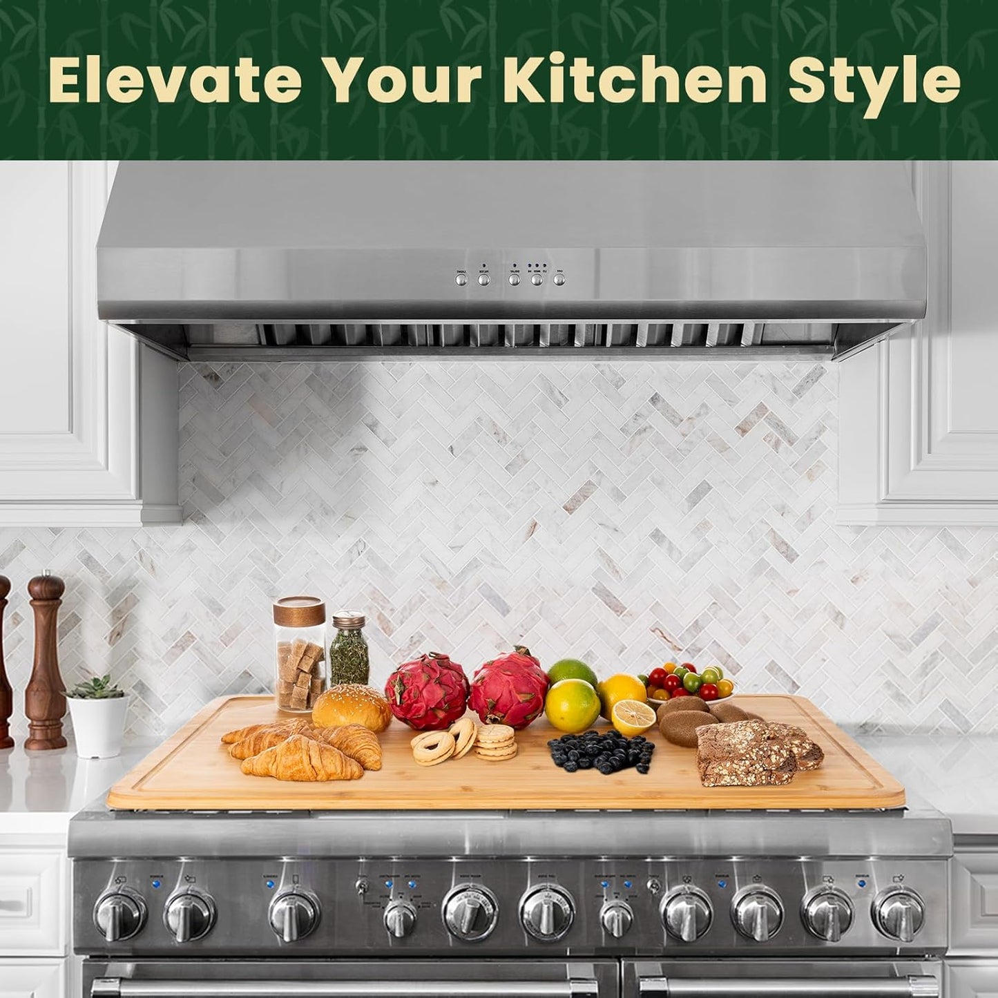 Heimlove 30" Stove Top Cover, Extra Large Bamboo Cutting Boards for Kitchen, Noodle Board Stove Cover Wooden Kitchen Sink Cover, Turkey Carving Board with Juice Groove and Handles