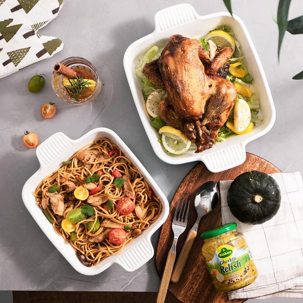 Sweejar Ceramic Baking Dish, 9 x 9 Cake Baking Pan for Brownie, Porcelain Square Bakeware with Double Handle for Casserole, Lasagna, Family Dinner (Fog Blue)