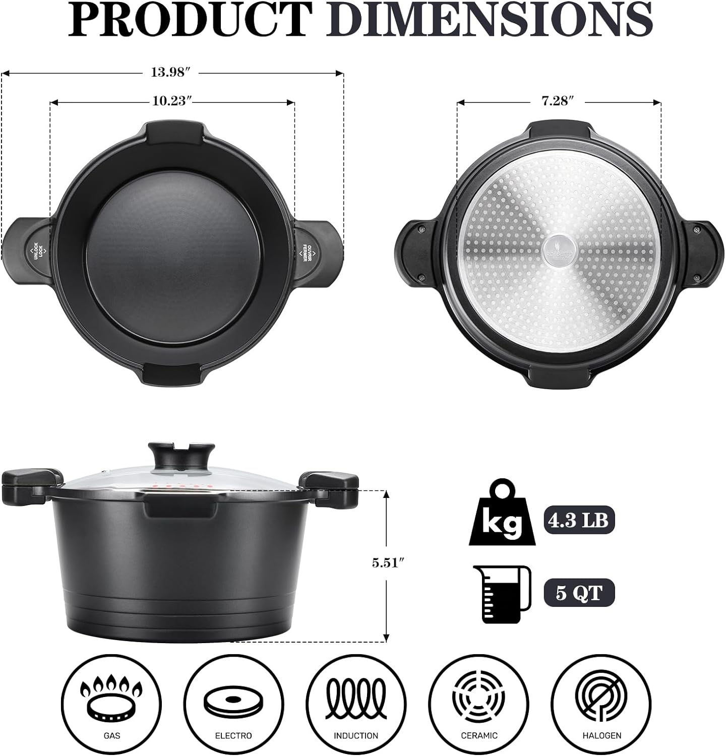 ACTIV CUISINE 5qt Pasta Pot with Strainer Lid, Cast Aluminum Stockpot Multipot, Nonstick Ceramic Coating make Cleanup easy with Tempered Glass Lid, Dishwasher Safe, Induction, Black