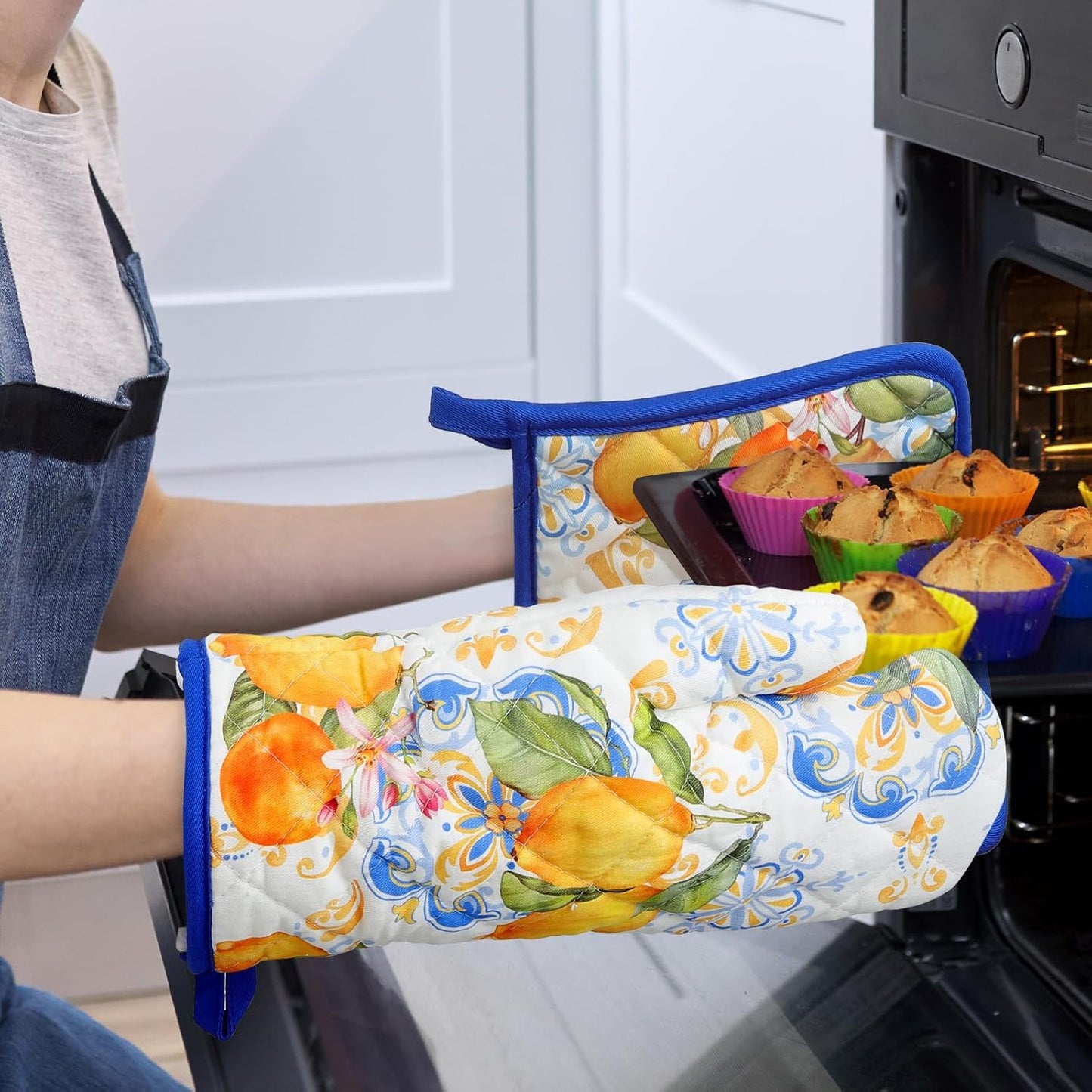 Summer Lemon Oven Mitts and Pot Holders Sets 4Pcs, 100% Cotton Heat Resistant, Extra Long Oven Gloves Potholder for Kitchen Cooking Baking Decoration
