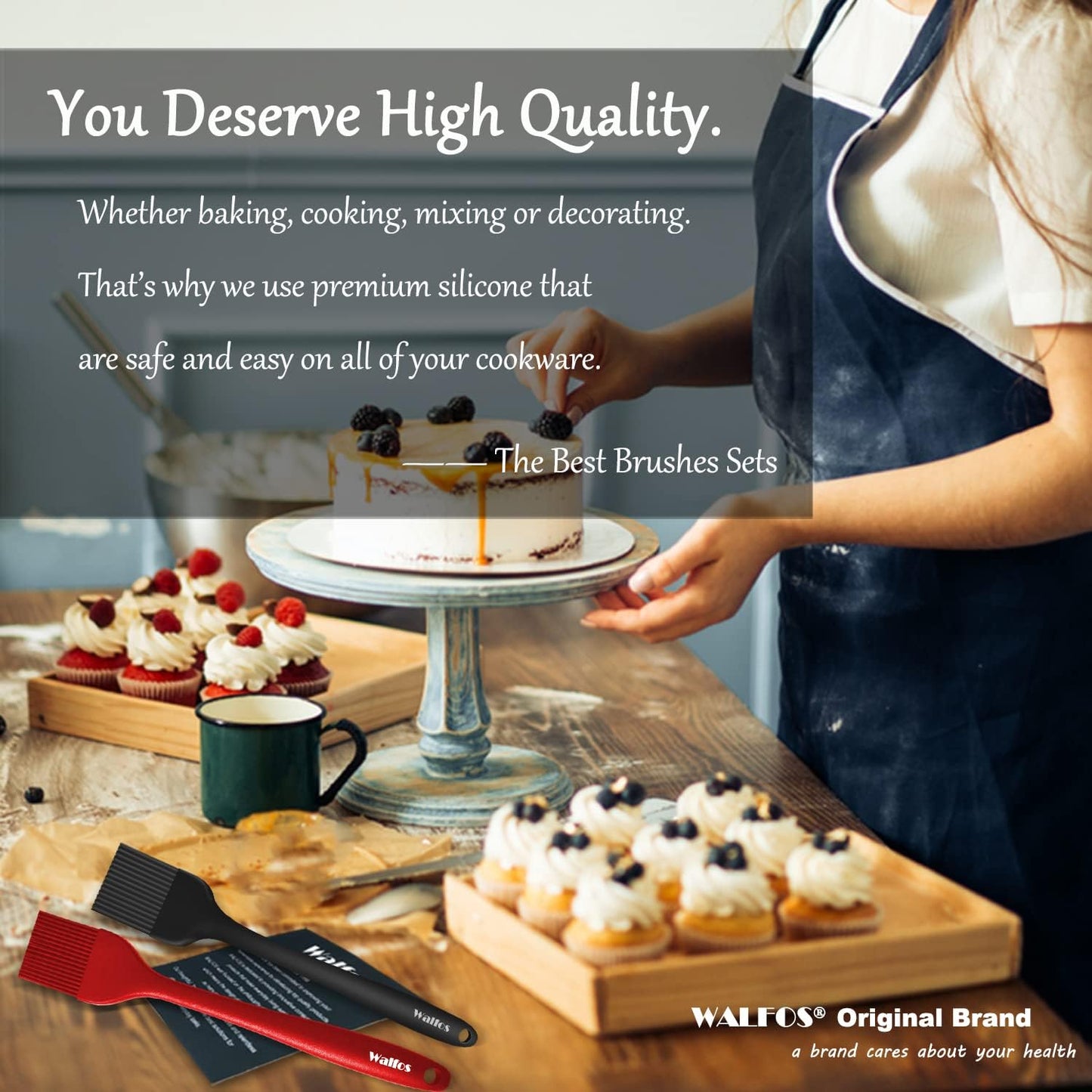 Walfos Silicone Basting Pastry Brush, Heat Resistant Small Basting Brush Set, Strong Steel Core and One-Pieces Design, Perfect for BBQ Kitchen Cooking, Desserts, BPA Free, 2 Pcs