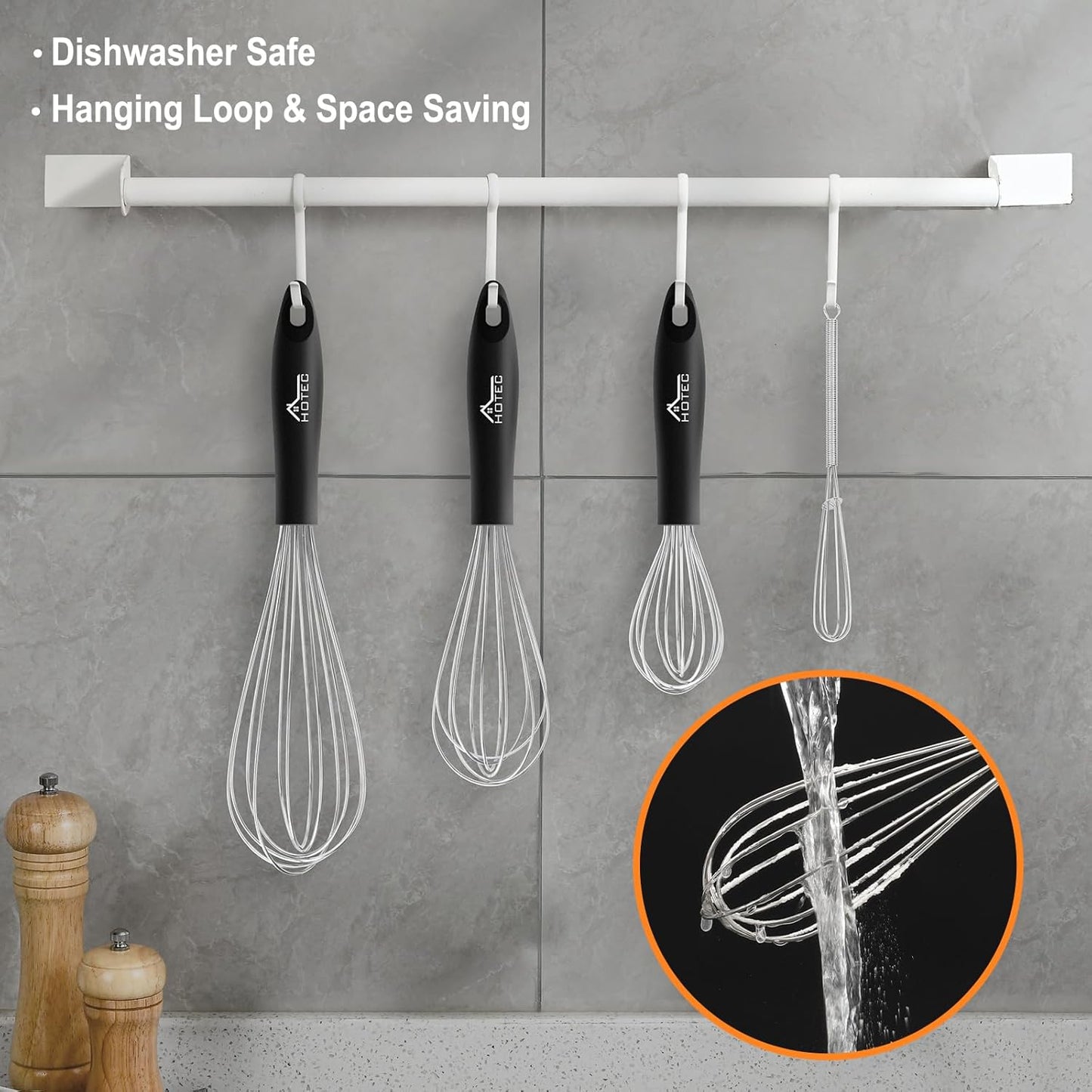 HOTEC 4 Pieces Stainless Steel Whisks Set, Wire Balloon Whisks Egg Beater, Thicken Wire &Non-slip Handle Whisk Perfect for Cooking, Stirring, Beating and Blending (Silver)