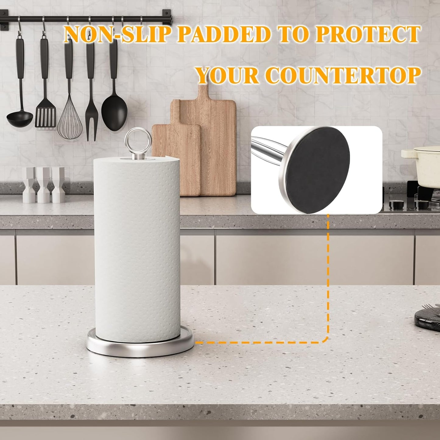 HZE Paper Towel Holder Countertop, One-Handed Tear, Stainless Steel, Weighted Base, Silver, Ring Paper Towel Holder Stand with Ratchet System for Kitchen Farmhouse Essentials Decor Accessories