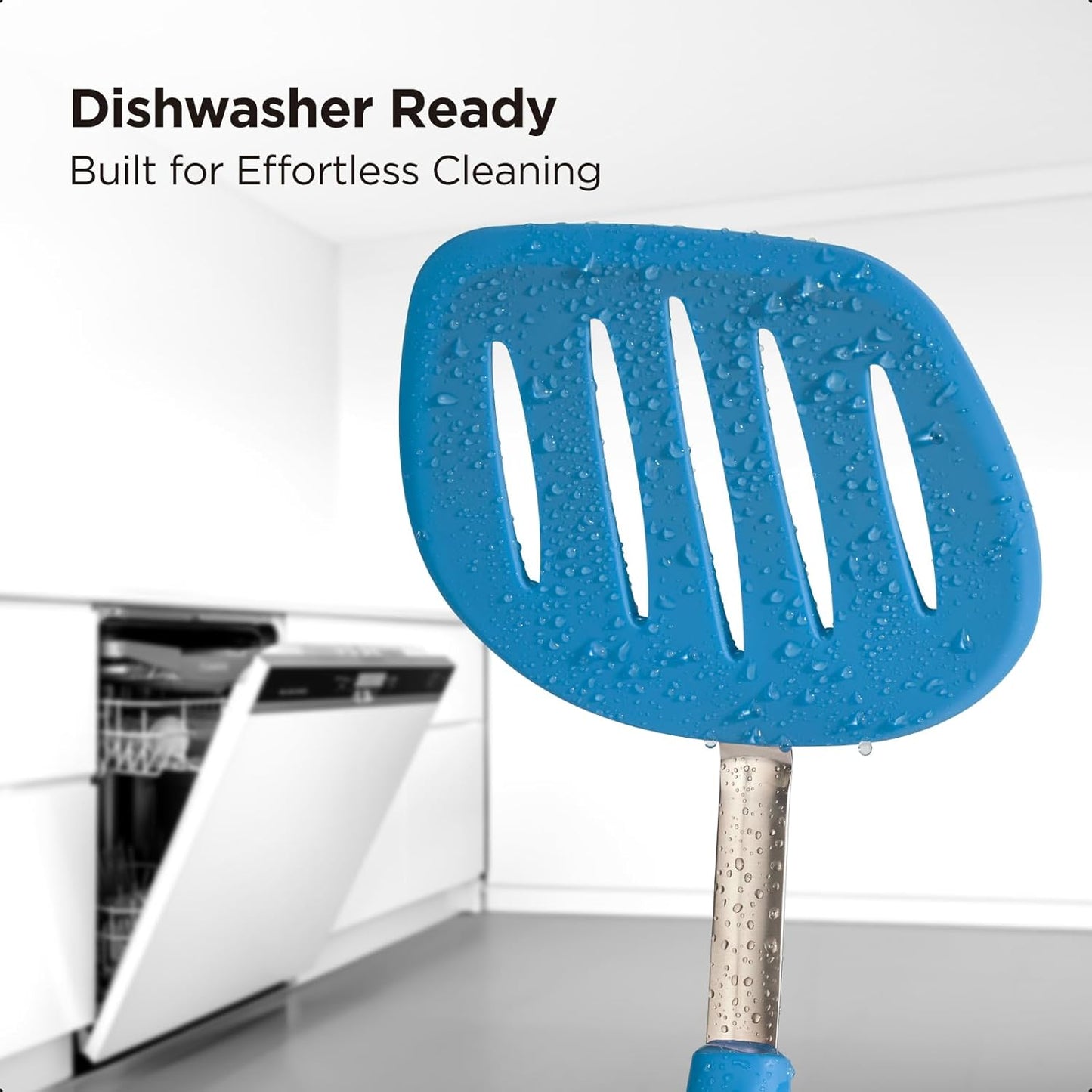 Kitchen Mama WaltzGrip Platinum Silicone Pancake Spatula Turner: Heat Resistant Flexible, Stainless Steel Core, Nonstick, Dishwasher Safe, Flipper – Ideal Kitchen Cookware for Eggs, Fish, Meat (Blue)