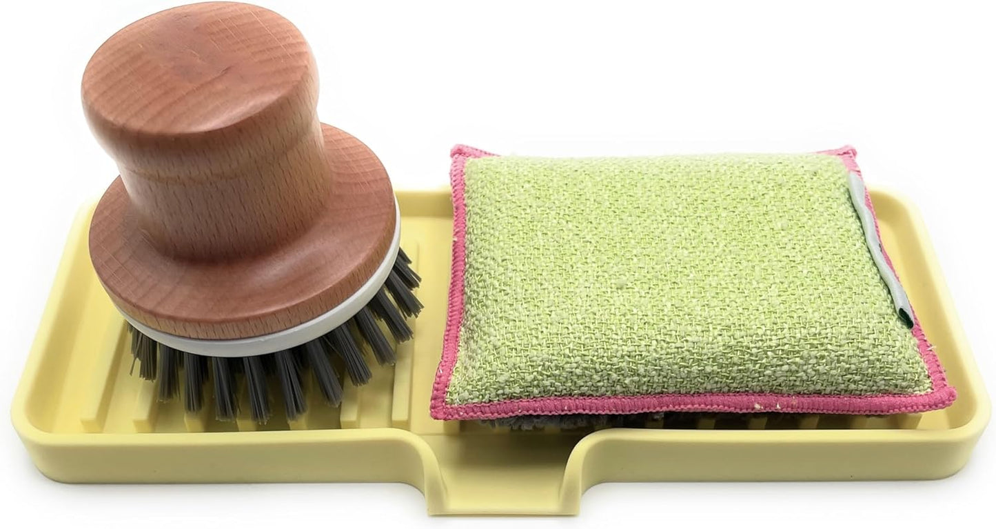 Happitasa Silicone Soap Dish Tray and Sponge Holder with Drain Chute | Bathroom and Kitchen Sink Organizer Caddy (Pale Yellow, 9"x3.5", 5.6 Ounces)