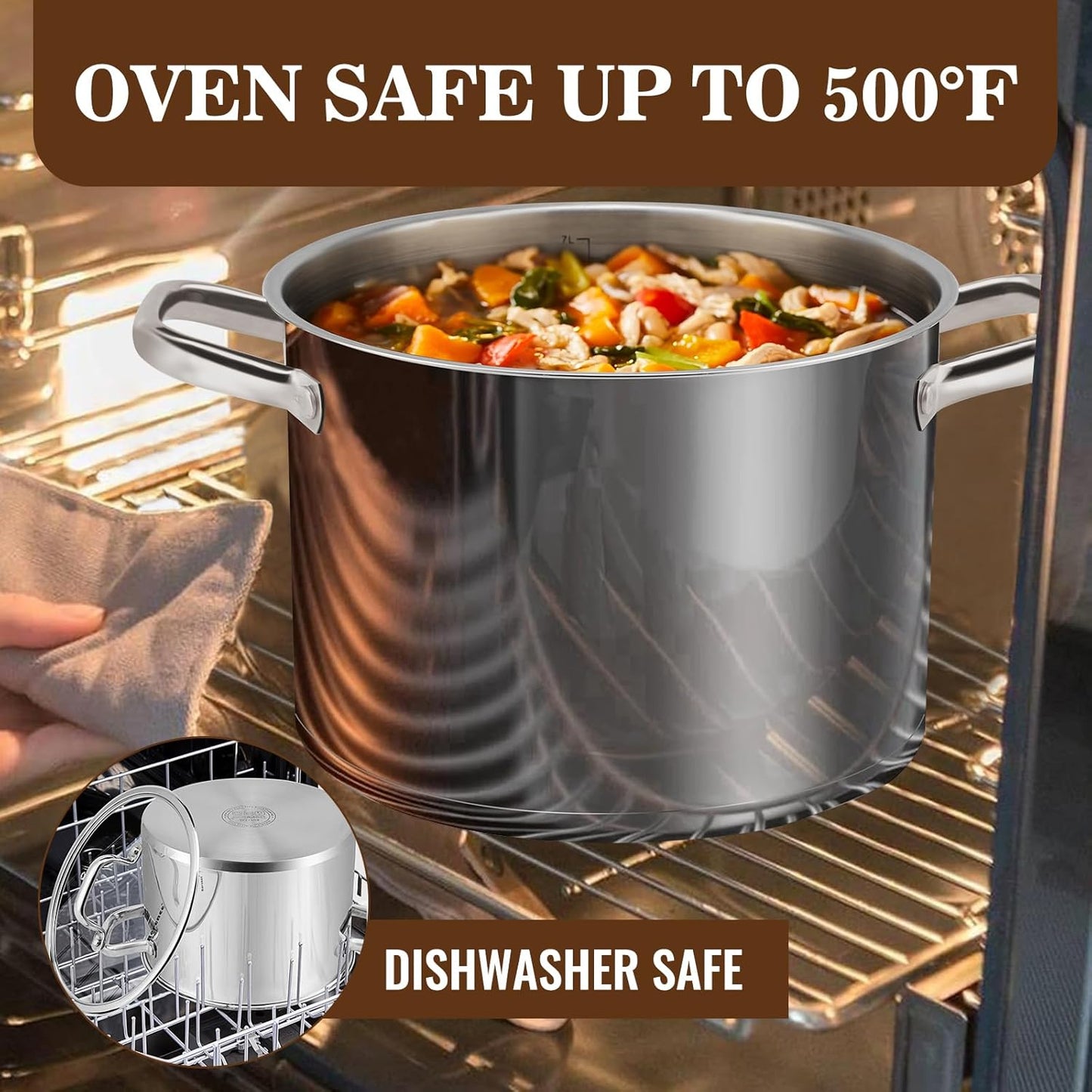 Rorence 8 Quart Stainless Steel Stockpot,Tri-Ply Base Large Pot for Cooking with Lid for Soup, Pasta, Vegetable, Induction Cooking Pot for All Stoves, Oven & Dishwasher Safe