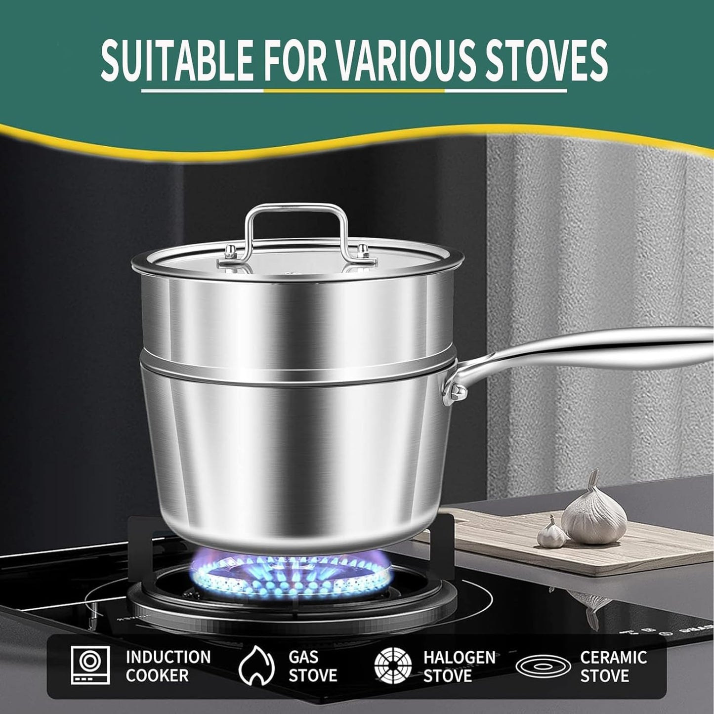 DELARLO Kitchen Tri-Ply Stainless 3-Quart Steamer Set With Glass Lid,with Ergonomic Handle, Multipurpose Sauce Pan, Sauce Pot,oven safe