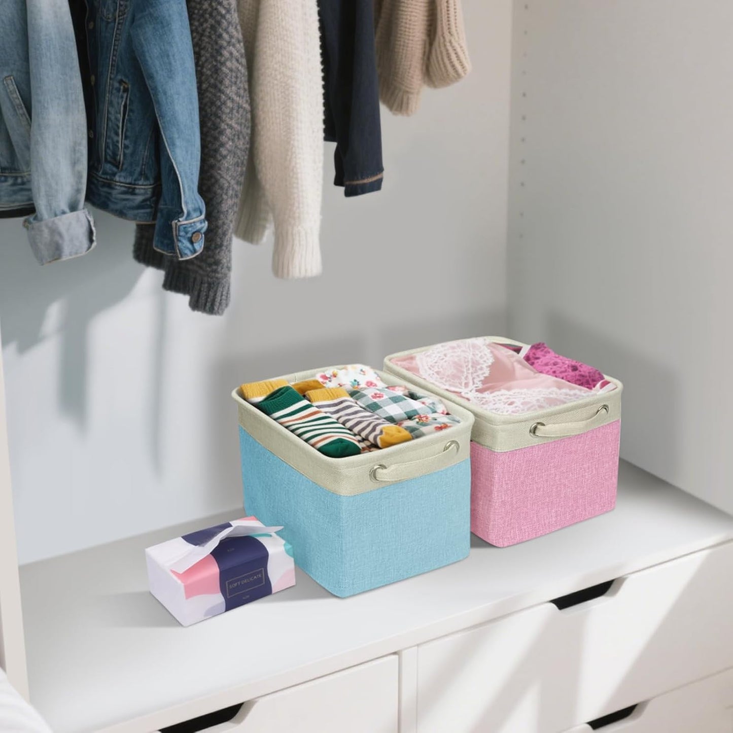 BALEINE 4 Pack Fabric Storage Bins for Shelves, Linen Storage Baskets for Organizing, Decorative Closet Bins for Clothes, Home (Navy Blue, 12"x8"x8")
