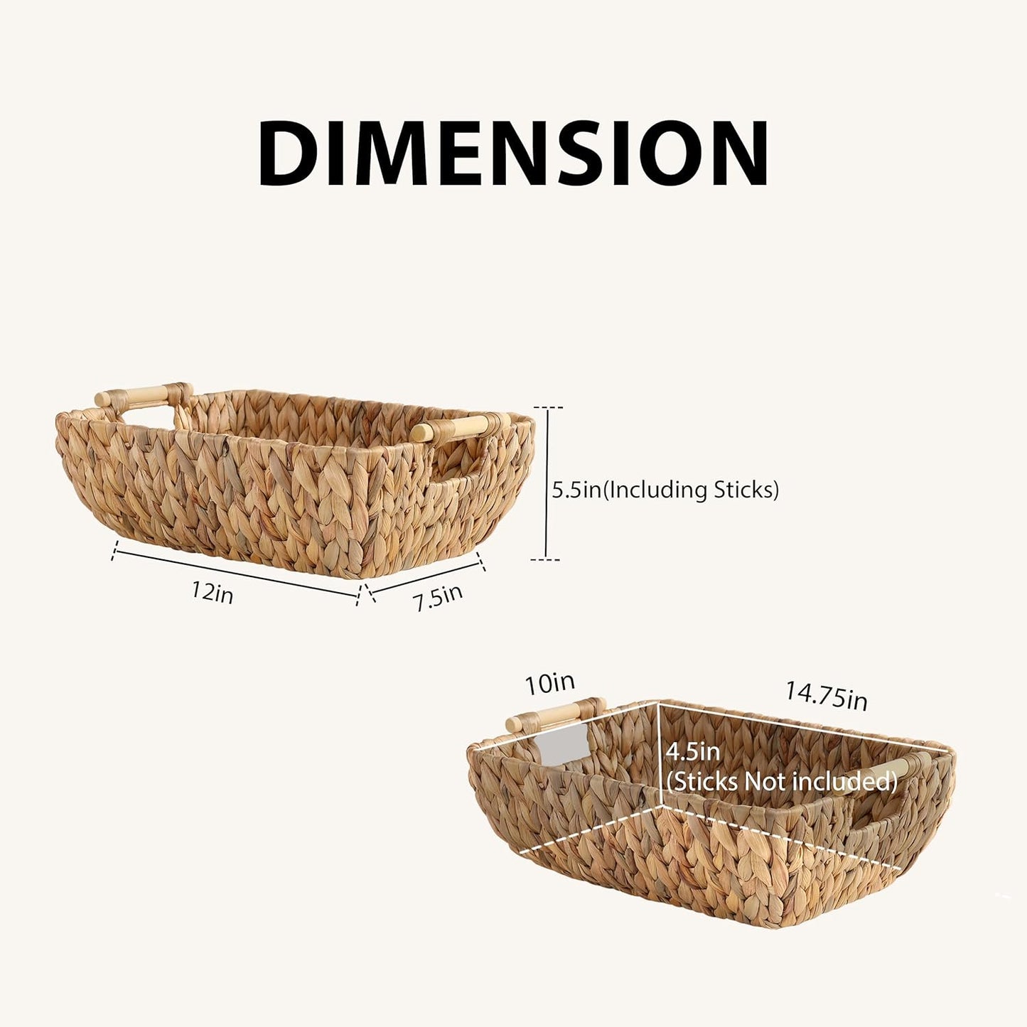 Water Hyacinth Storage Baskets with Wooden Handles,Large Wicker Baskets for Organizing Set of 2