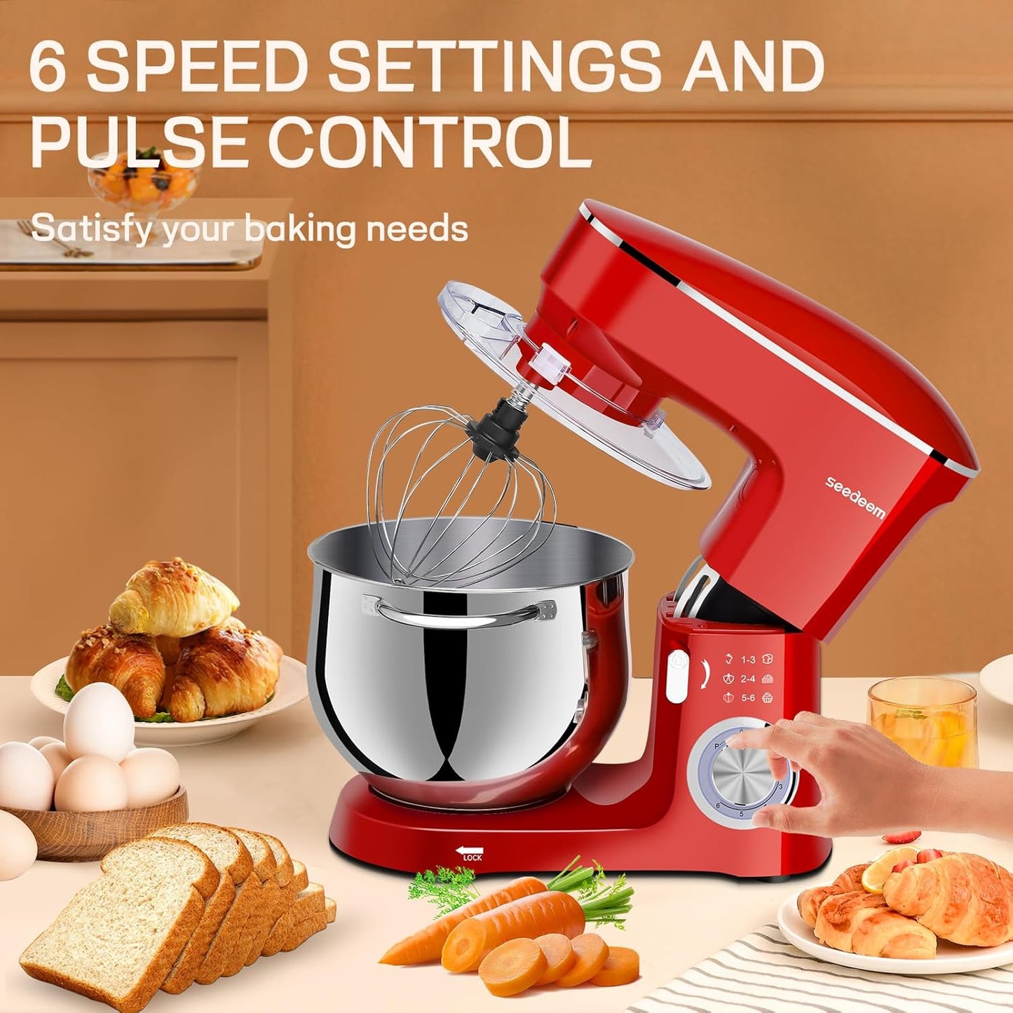 SEEDEEM Stand Mixer, 8.5 Qt 660W Tilt-Head Kitchen Mixer with 6+P Speeds, Dough Hook, Wire Whip & Beater, Dishwasher-Safe Attachments, Red – Ideal for Baking & Daily Use, Red